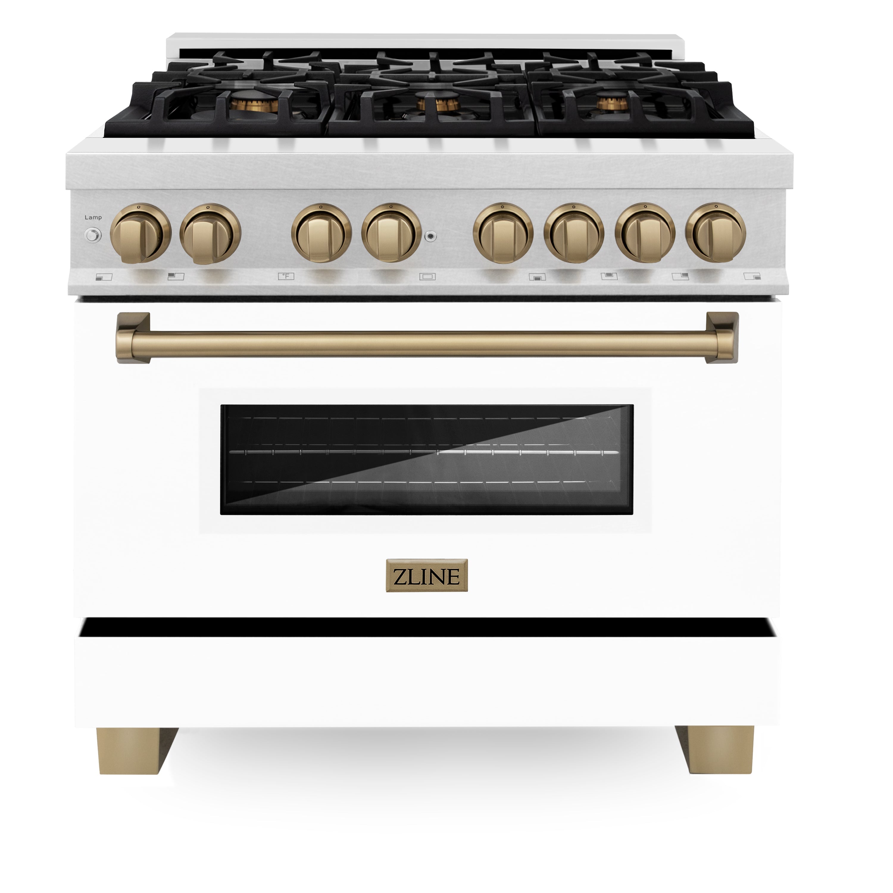 ZLINE Autograph Edition 36 in. 4.6 cu. ft. Legacy Dual Fuel Range with 6 Sealed Gas Burners and Electric Convection Oven in Satin Stainless Steel with White Matte Door and Champagne Bronze Accents (RASZ-WM-36-CB)