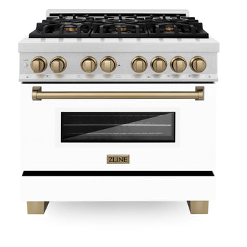 ZLINE Autograph Edition 36 in. 4.6 cu. ft. Legacy Dual Fuel Range with 6 Sealed Gas Burners and Electric Convection Oven in Satin Stainless Steel with White Matte Door and Champagne Bronze Accents (RASZ-WM-36-CB)