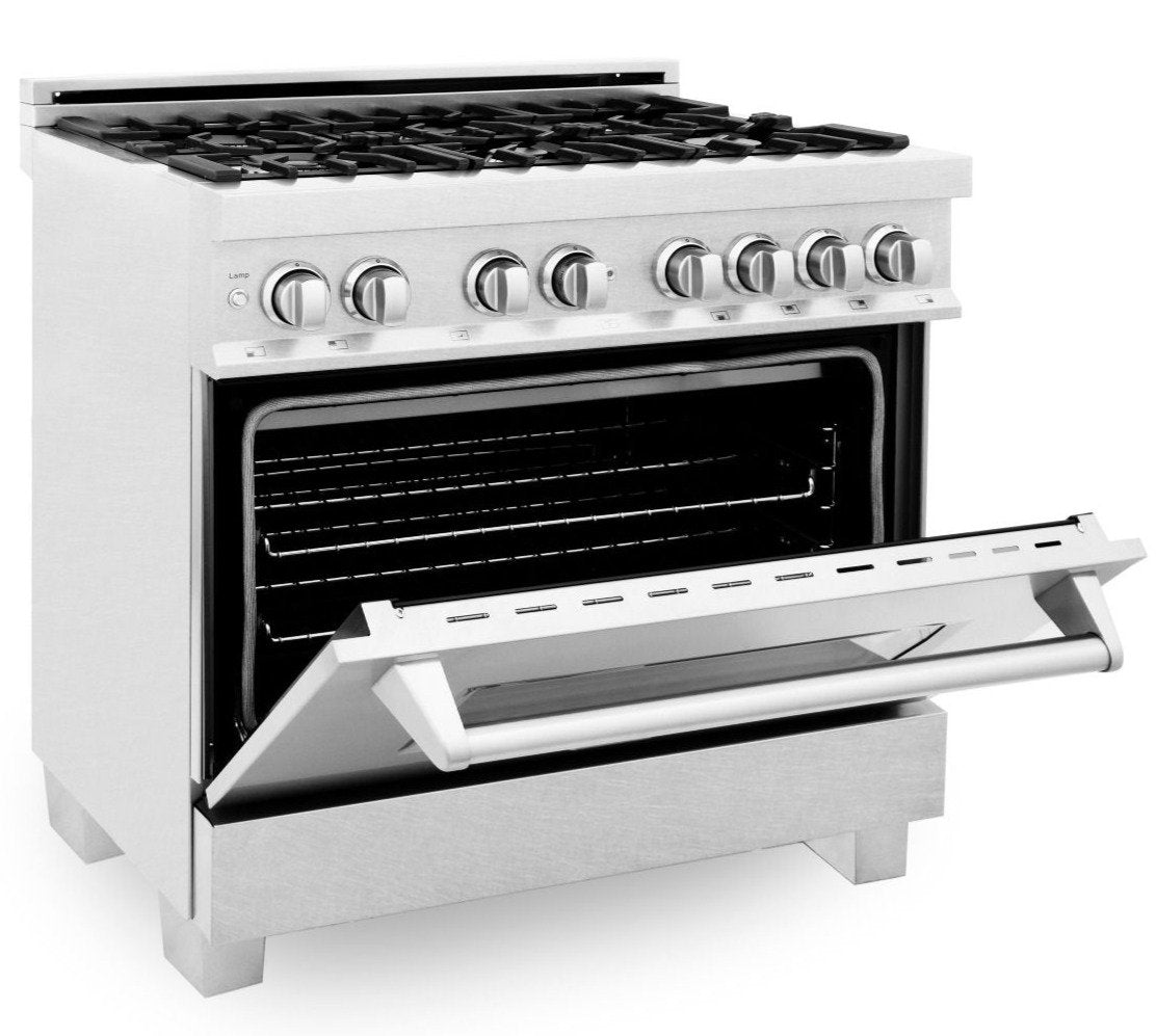 ZLINE 36 in. Kitchen Appliance Package with Satin Stainless Steel Stainless Dual Fuel Range, Ducted Vent Range Hood and Tall Tub Dishwasher, 3KP-RASRH36-DWV