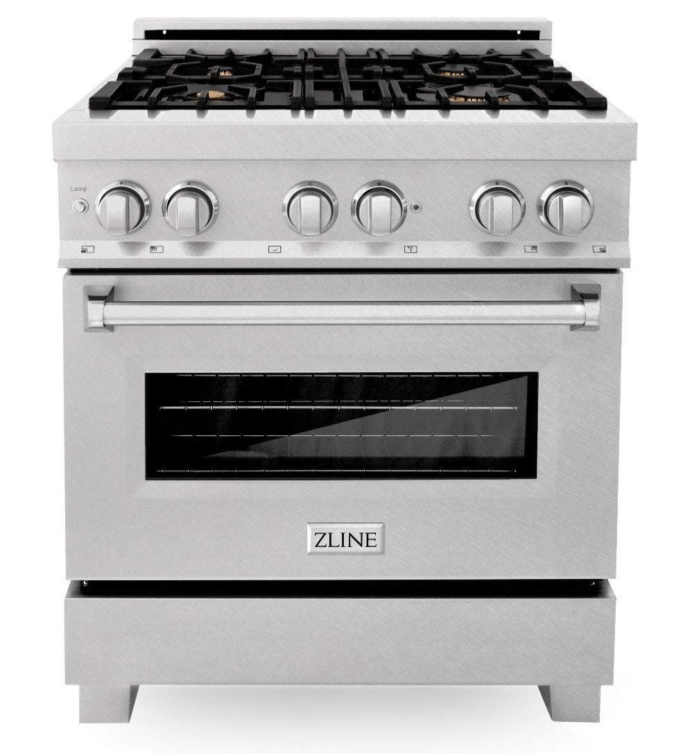 ZLINE Legacy 30 in. 4.0 cu. ft. Dual Fuel Range with 4 Brass Burners, Gas Cooktop and Electric Convection Oven, Satin Stainless Steel (RAS-SN-BR-30)