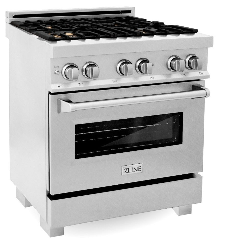 ZLINE Legacy 30 in. 4.0 cu. ft. Dual Fuel Range with 4 Brass Burners, Gas Cooktop and Electric Convection Oven, Satin Stainless Steel (RAS-SN-BR-30)