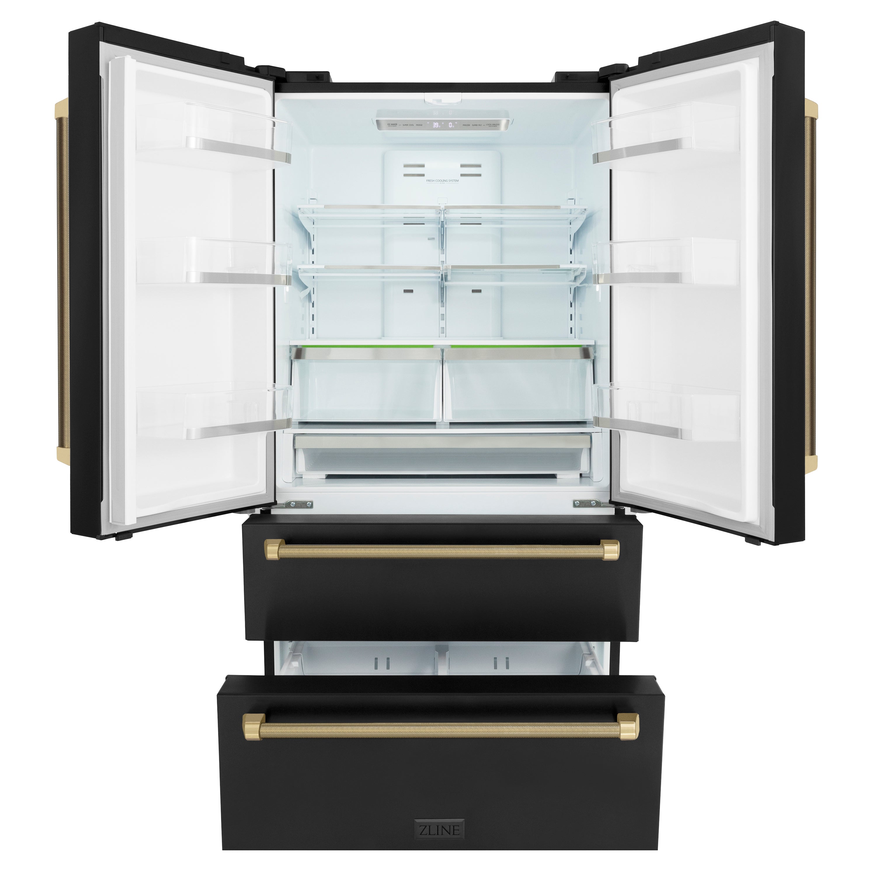 ZLINE 36 in. French Door Counter-Depth Refrigerator, 22.5 cu. ft., Ice Maker, Fingerprint-Resistant Black Stainless Steel, Champagne Bronze Helix Handles (RFMZ-36-BS-KCB)