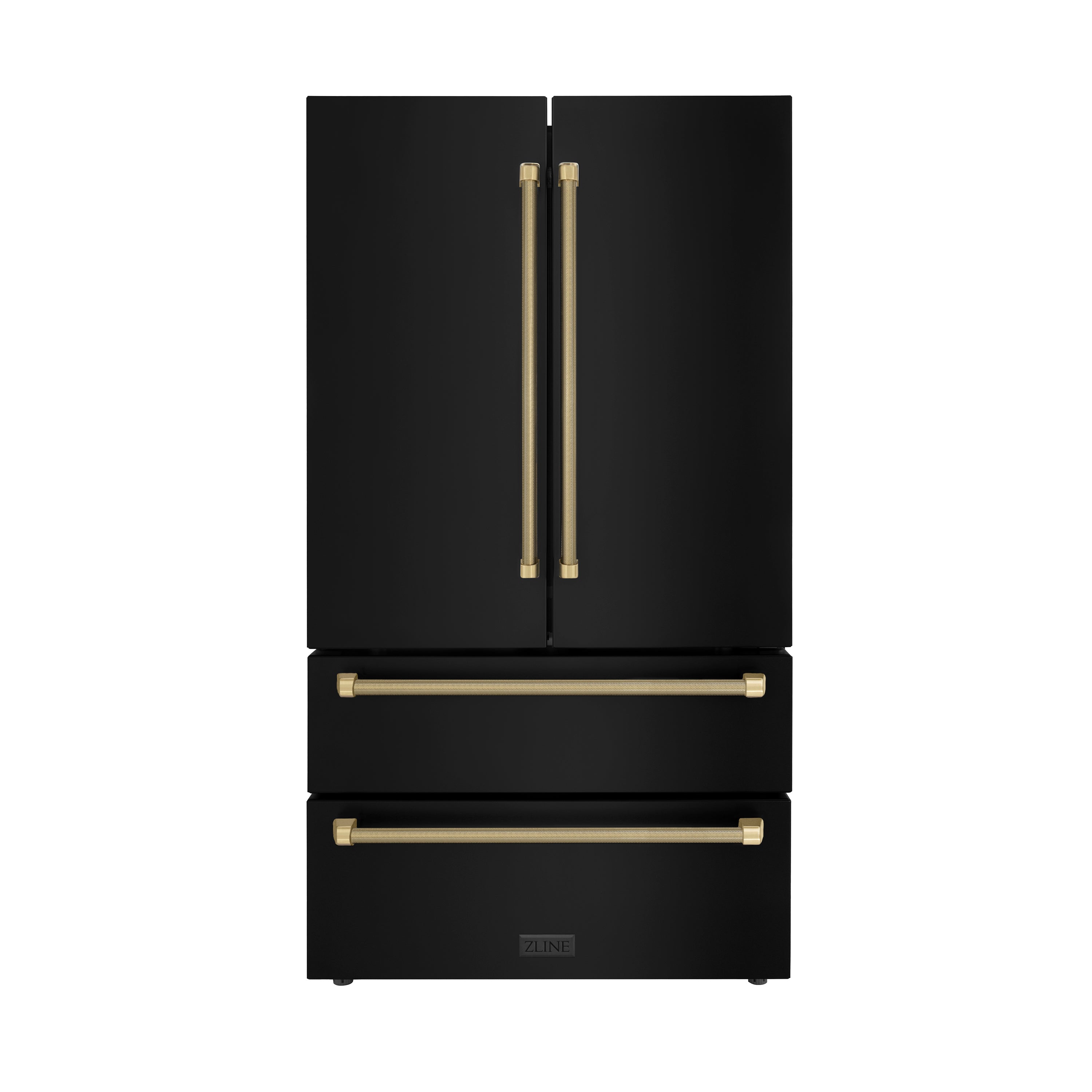 ZLINE 36 in. French Door Counter-Depth Refrigerator, 22.5 cu. ft., Ice Maker, Fingerprint-Resistant Black Stainless Steel, Champagne Bronze Helix Handles (RFMZ-36-BS-KCB)
