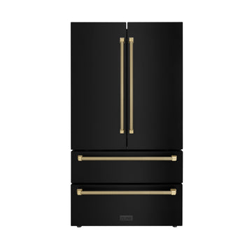 ZLINE 36 in. French Door Counter-Depth Refrigerator, 22.5 cu. ft., Ice Maker, Fingerprint-Resistant Black Stainless Steel, Champagne Bronze Helix Handles (RFMZ-36-BS-KCB)