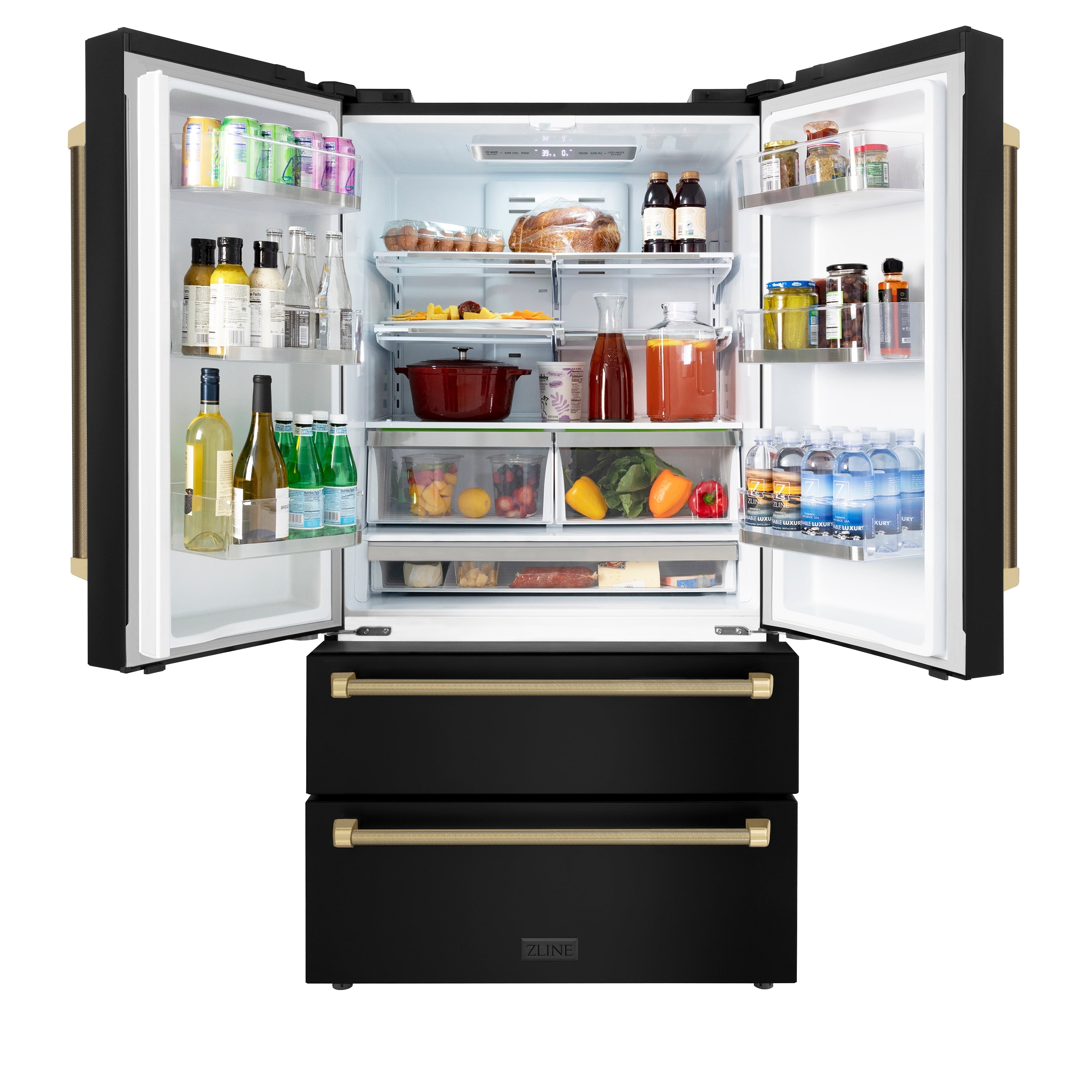 ZLINE 36 in. French Door Counter-Depth Refrigerator, 22.5 cu. ft., Ice Maker, Fingerprint-Resistant Black Stainless Steel, Champagne Bronze Helix Handles (RFMZ-36-BS-KCB)