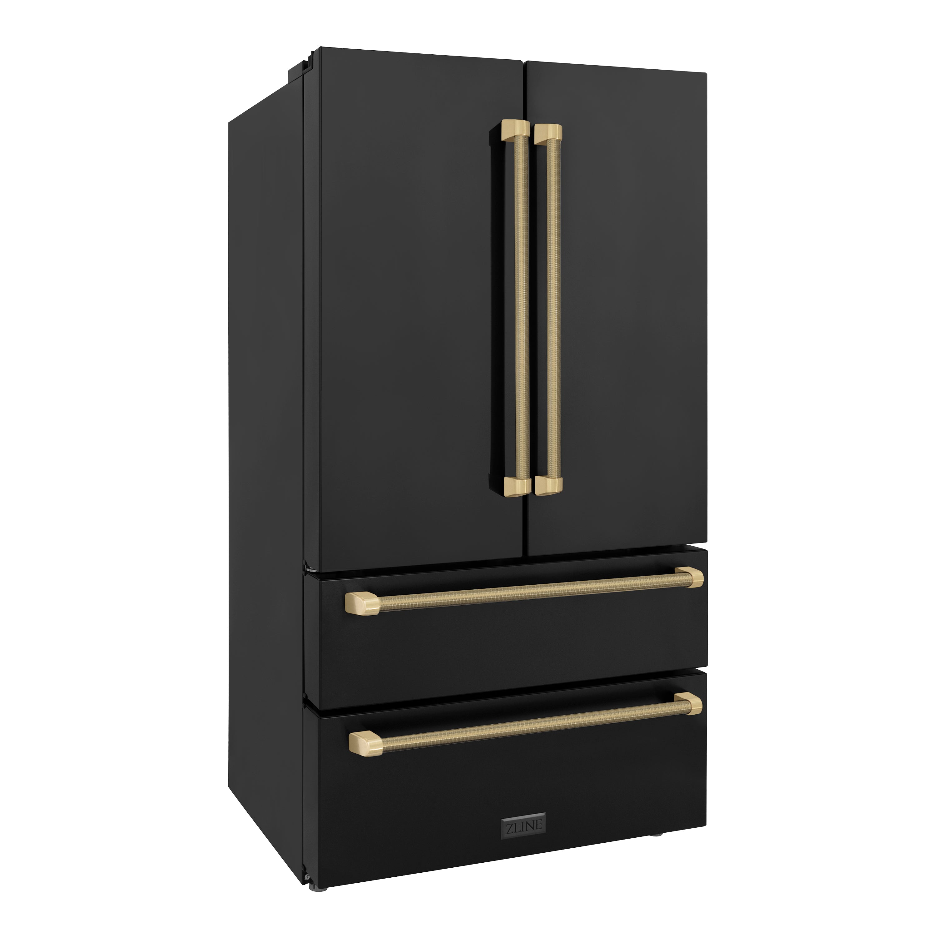 ZLINE 36 in. French Door Counter-Depth Refrigerator, 22.5 cu. ft., Ice Maker, Fingerprint-Resistant Black Stainless Steel, Champagne Bronze Helix Handles (RFMZ-36-BS-KCB)