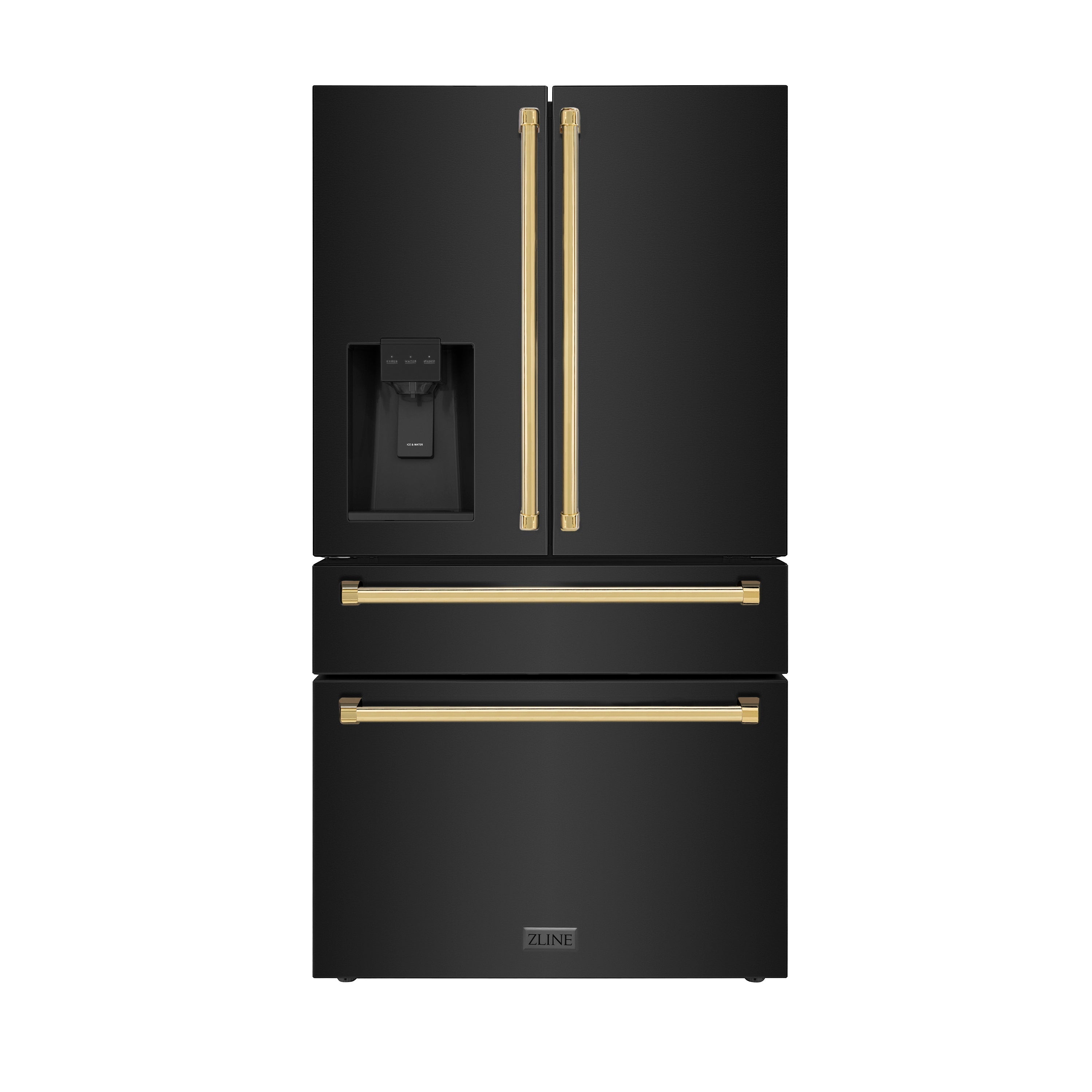 ZLINE 36 Inch Freestanding French Door Refrigerator with Water & Ice Dispenser, Black Stainless Steel, Gold Handles (RFMZ-W-36-BS-G)