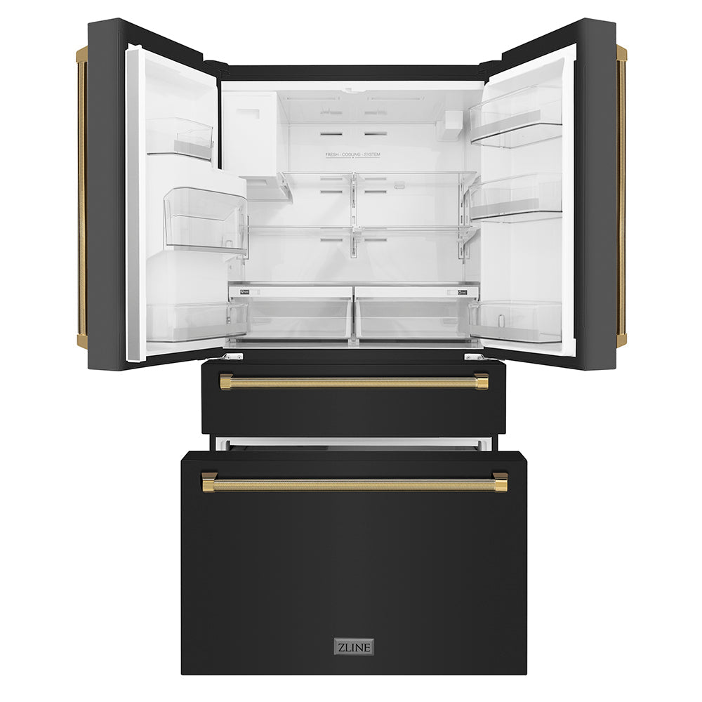 ZLINE 36 in. Counter-Depth French Door Refrigerator 21.6 Cu. Ft. Water and Ice Dispenser Fingerprint-Resistant Black Stainless Steel Polished Gold Helix Handles (RFMZ-W-36-BS-KG)