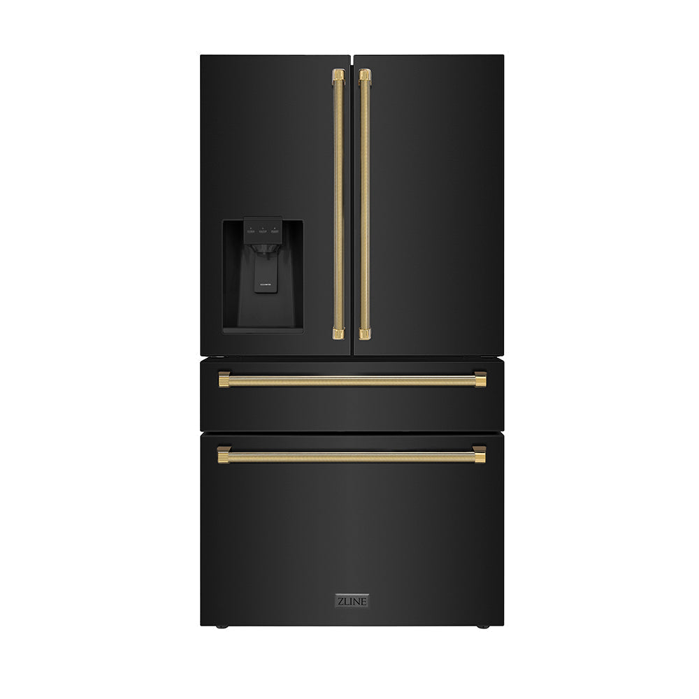 ZLINE 36 in. Counter-Depth French Door Refrigerator 21.6 Cu. Ft. Water and Ice Dispenser Fingerprint-Resistant Black Stainless Steel Polished Gold Helix Handles (RFMZ-W-36-BS-KG)