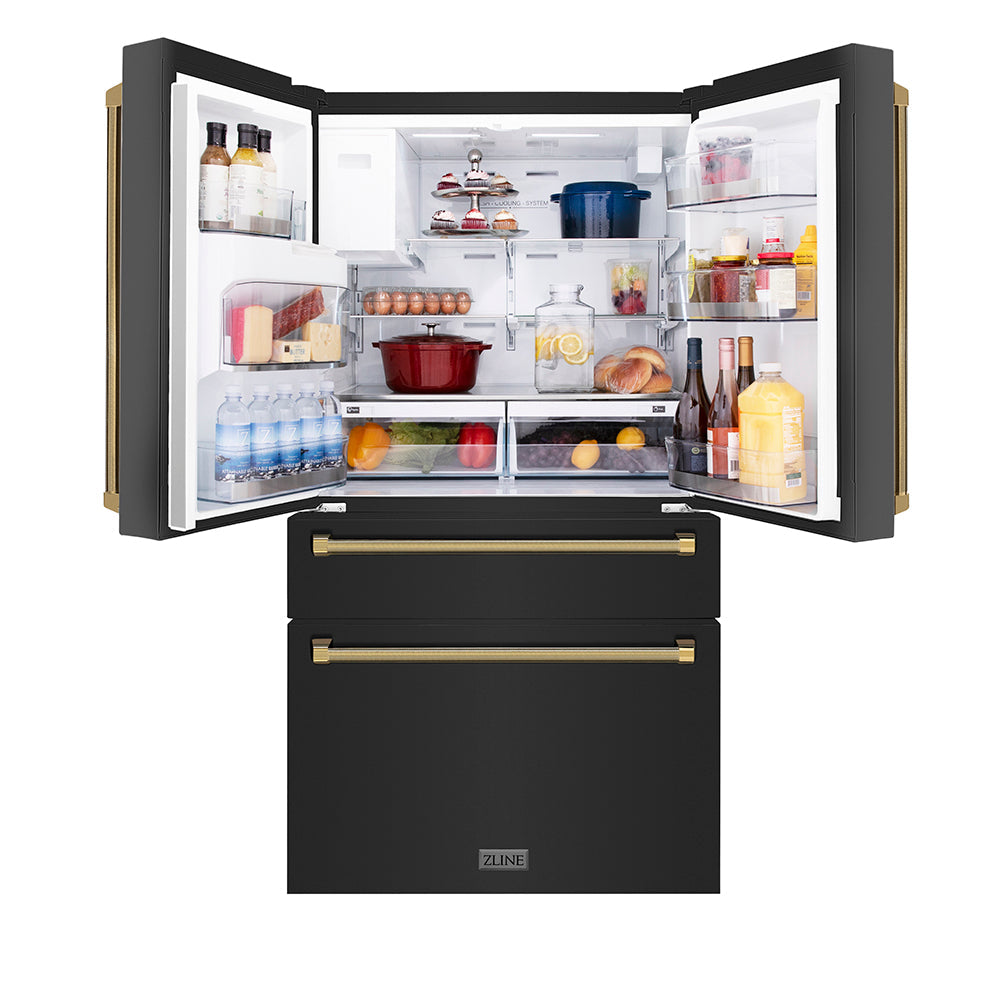 ZLINE 36 in. Counter-Depth French Door Refrigerator 21.6 Cu. Ft. Water and Ice Dispenser Fingerprint-Resistant Black Stainless Steel Polished Gold Helix Handles (RFMZ-W-36-BS-KG)