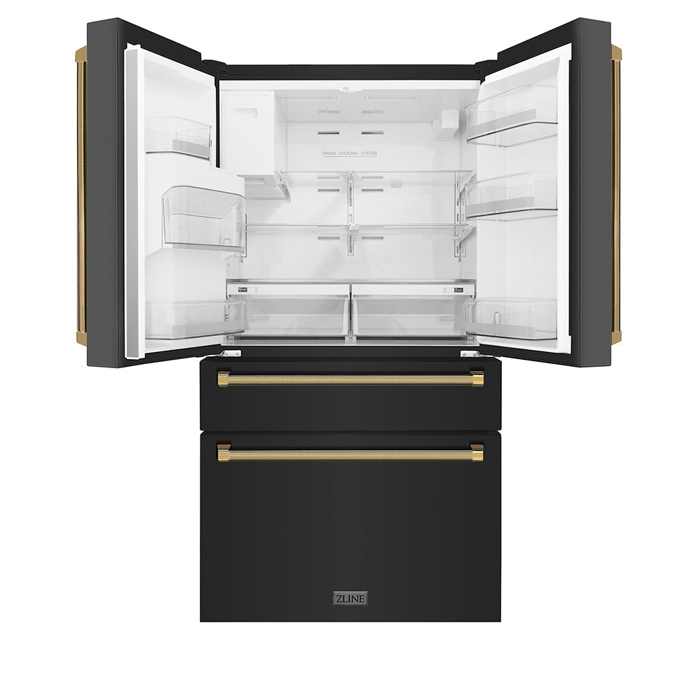 ZLINE 36 in. Counter-Depth French Door Refrigerator 21.6 Cu. Ft. Water and Ice Dispenser Fingerprint-Resistant Black Stainless Steel Polished Gold Helix Handles (RFMZ-W-36-BS-KG)