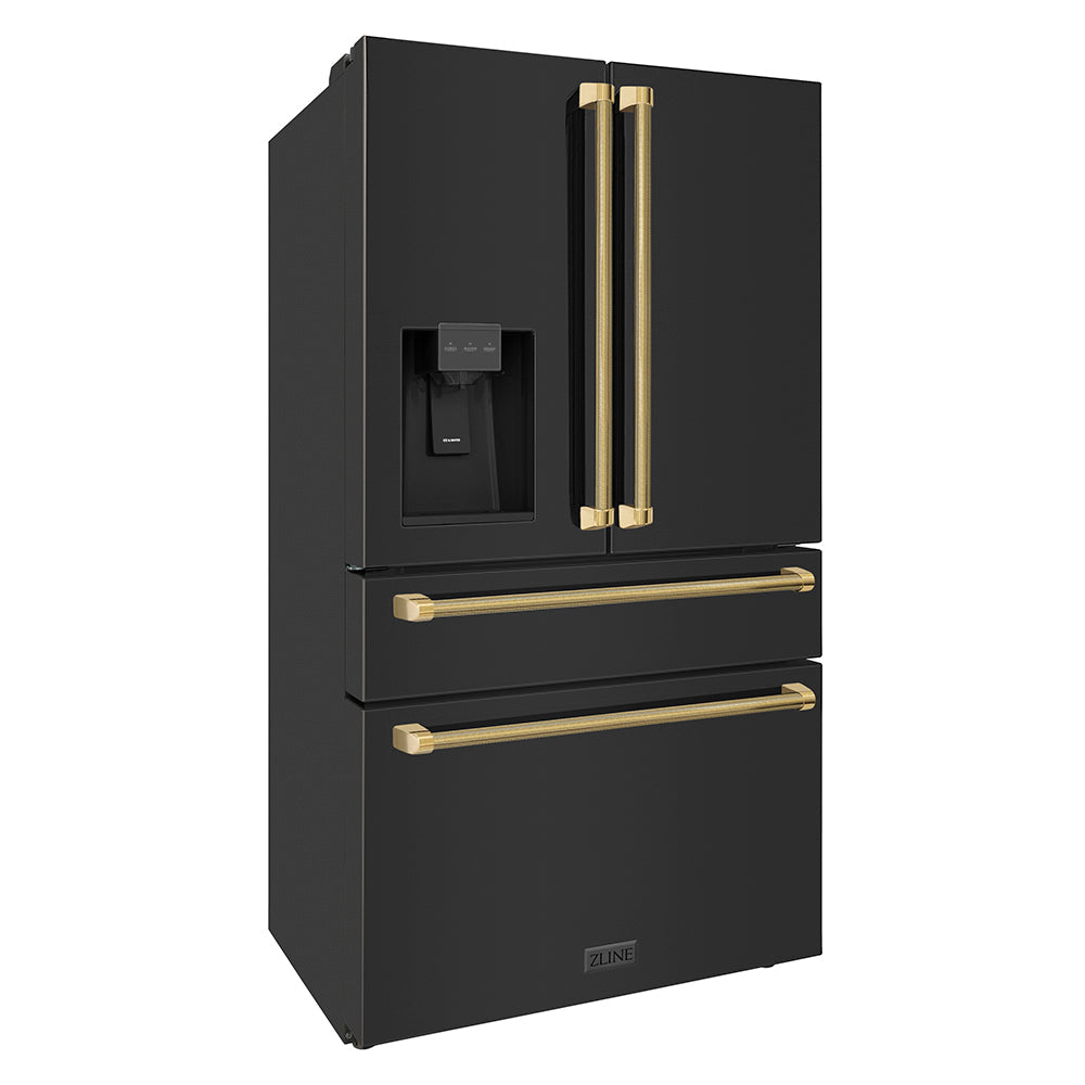 ZLINE 36 in. Counter-Depth French Door Refrigerator 21.6 Cu. Ft. Water and Ice Dispenser Fingerprint-Resistant Black Stainless Steel Polished Gold Helix Handles (RFMZ-W-36-BS-KG)