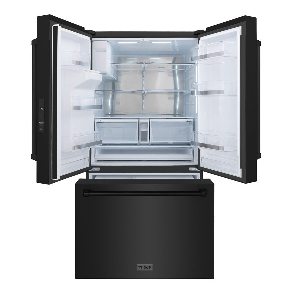ZLINE 36 in. French Door Refrigerator 28.9 cu. ft. Standard-Depth Black Stainless Steel Water Dispenser Dual Ice Maker (RSM-W-36-BS)