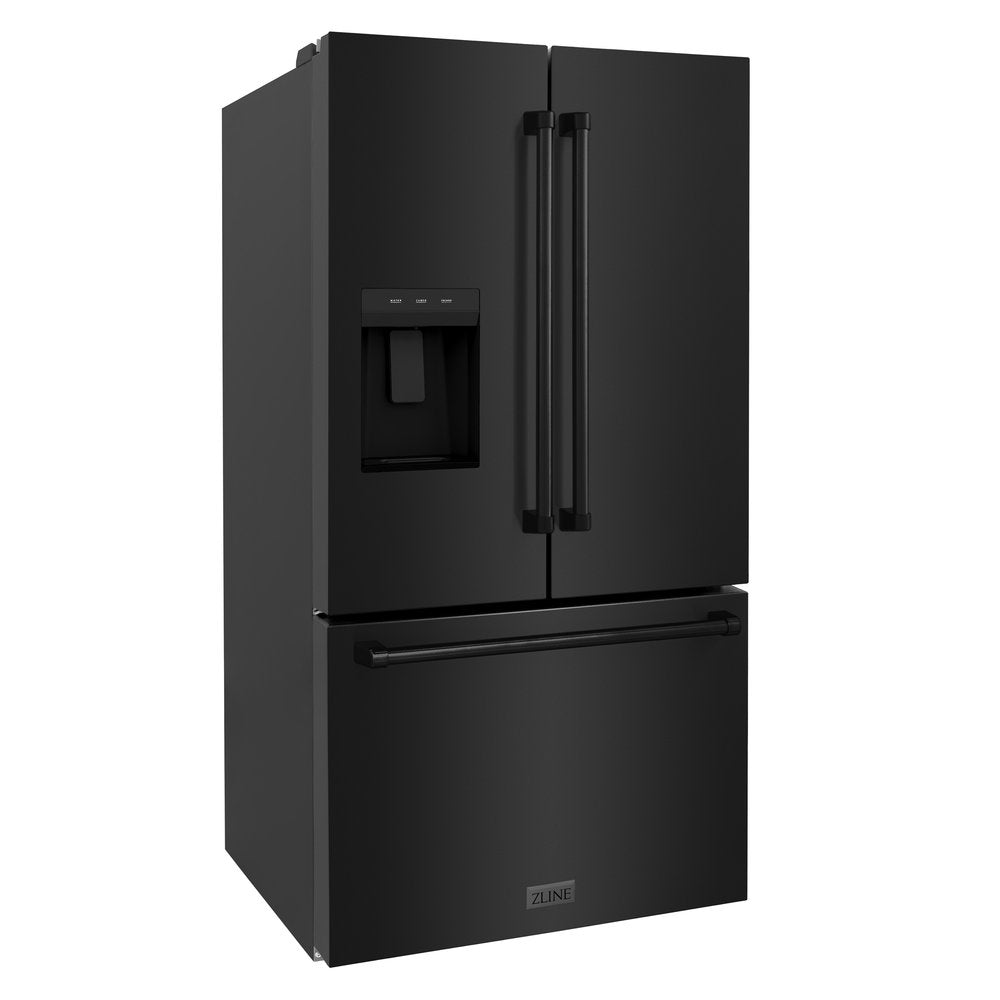 ZLINE 36 in. French Door Refrigerator 28.9 cu. ft. Standard-Depth Black Stainless Steel Water Dispenser Dual Ice Maker (RSM-W-36-BS)