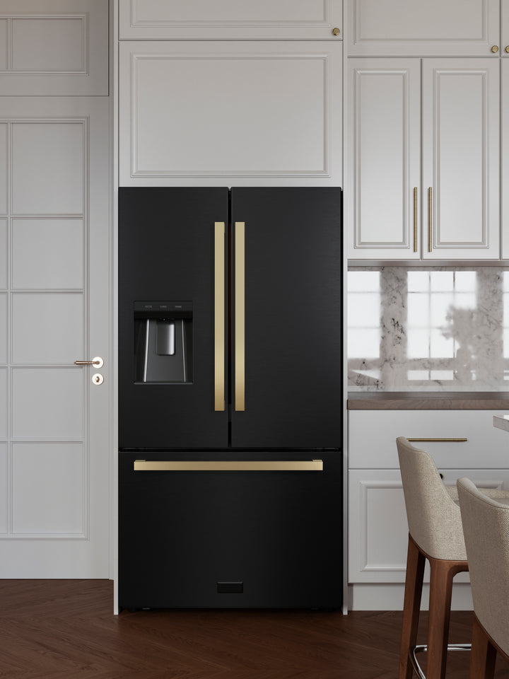 ZLINE 36 Inch Freestanding Refrigerator 28.9 Cu. Ft. Standard Depth Dual Ice Maker Water Dispenser Black Champagne Bronze Square Handles (RSMZ-W36-BS-FCB)