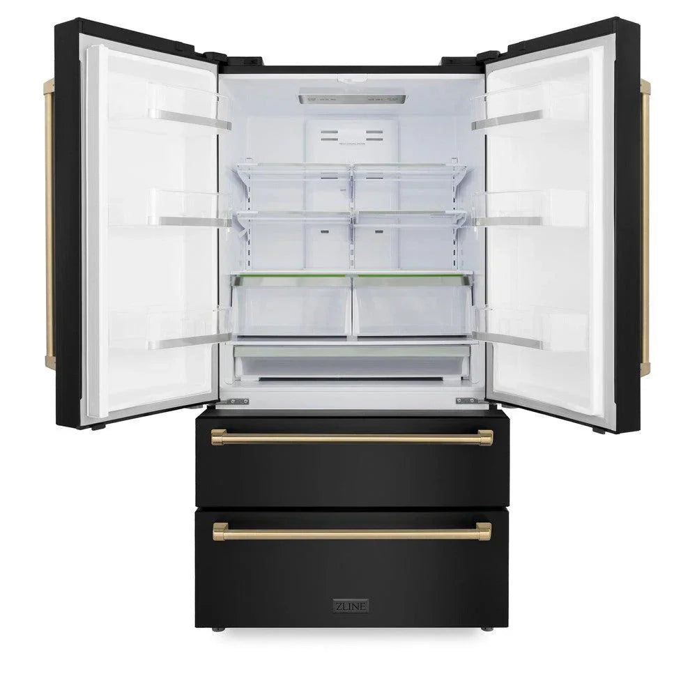 ZLINE Kitchen and Bath 36-Inch French Door Refrigerator 22.5 cu. ft. Counter-Depth Ice Maker Black Stainless Steel with Champagne Bronze Accents (RFMZ-36-BS-CB)