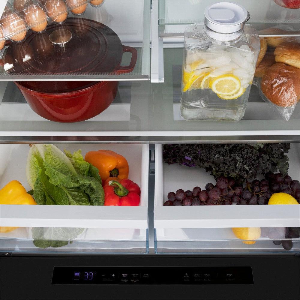 ZLINE 36 in French Door Refrigerator 22.5 cu. ft Water Dispenser Ice Maker Fingerprint Resistant Black Stainless Steel (RFM-W-36-BS)