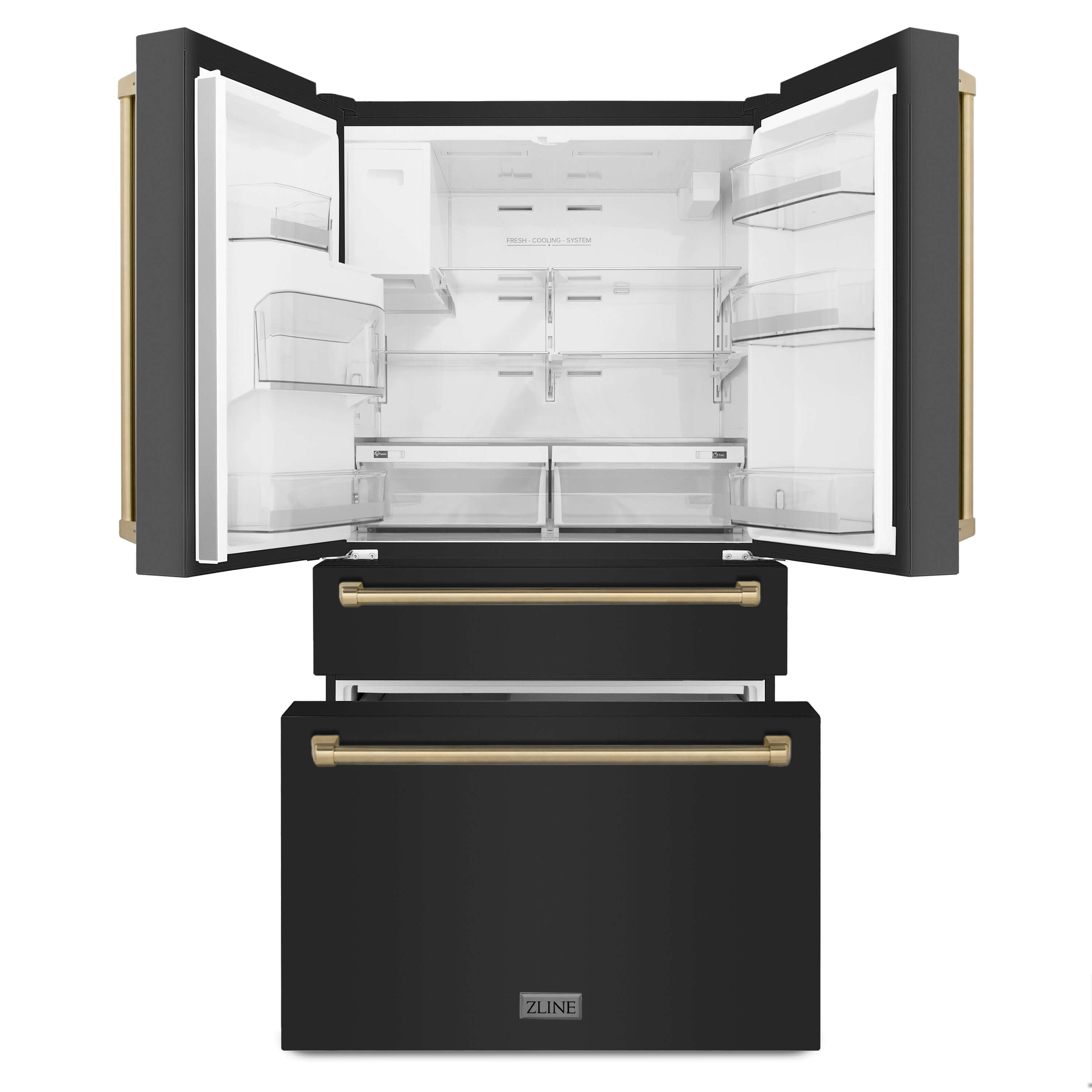 ZLINE 36 Inch French Door Refrigerator 21.6 Cu. Ft. Counter Depth Water & Ice Dispenser Black Finish Champagne Bronze Handles (RFMZ-W-36-BS-CB)