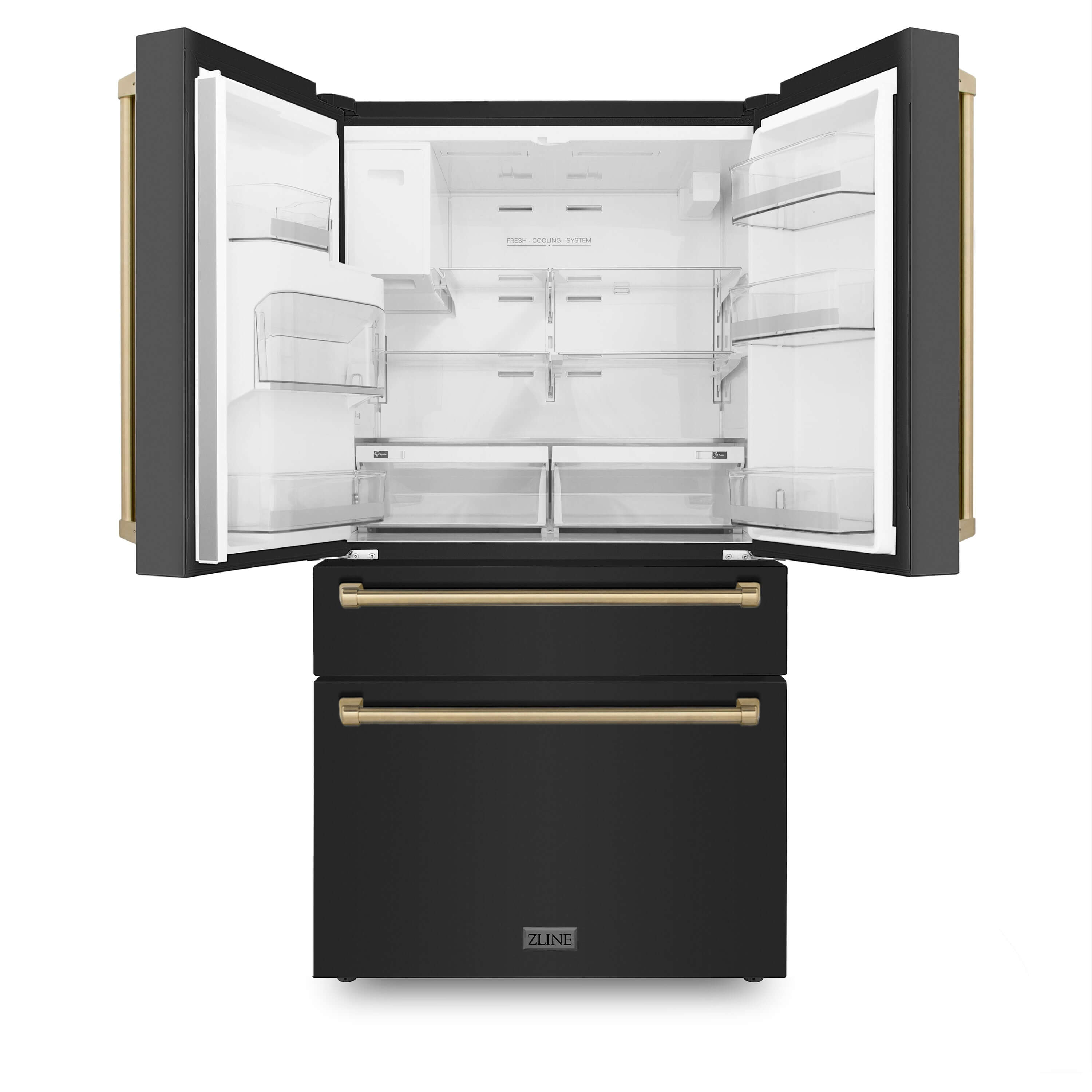 ZLINE 36 Inch French Door Refrigerator 21.6 Cu. Ft. Counter Depth Water & Ice Dispenser Black Finish Champagne Bronze Handles (RFMZ-W-36-BS-CB)