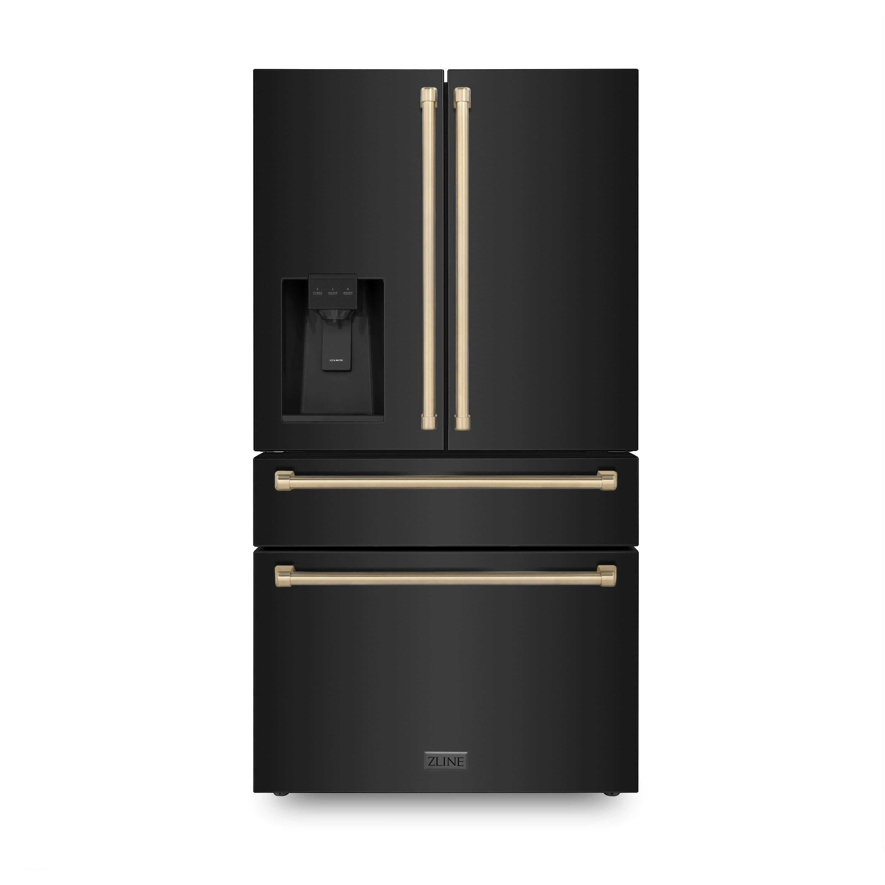 ZLINE 36 Inch French Door Refrigerator 21.6 Cu. Ft. Counter Depth Water & Ice Dispenser Black Finish Champagne Bronze Handles (RFMZ-W-36-BS-CB)