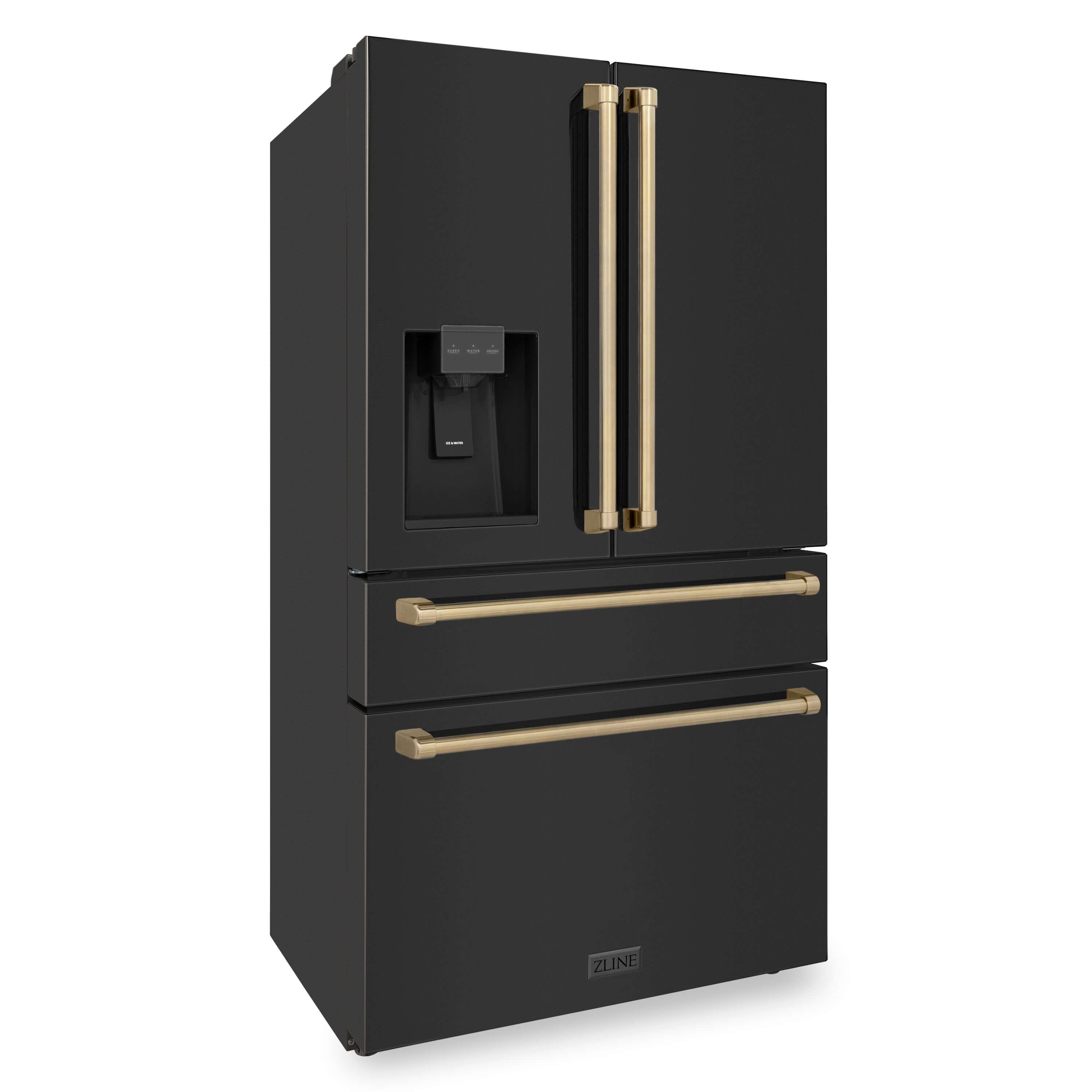 ZLINE 36 Inch French Door Refrigerator 21.6 Cu. Ft. Counter Depth Water & Ice Dispenser Black Finish Champagne Bronze Handles (RFMZ-W-36-BS-CB)
