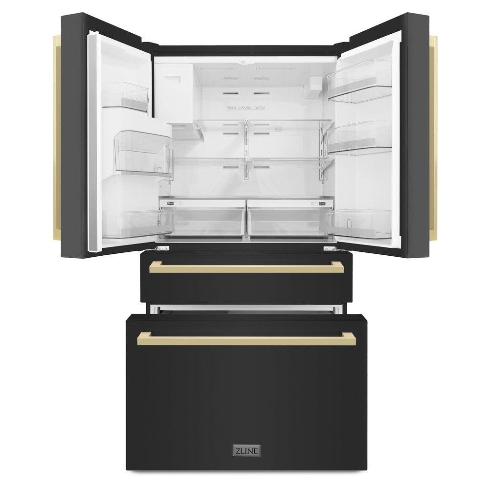 ZLINE 36 in. Built-In Refrigerator with Water & Ice Dispenser, Black Finish with Champagne Bronze Handles (RFMZ-W36-BS-FCB)