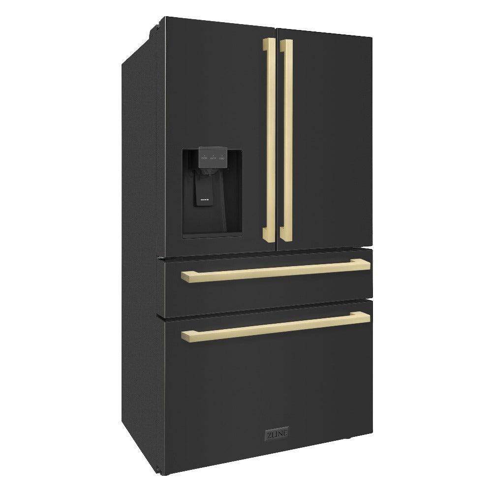 ZLINE 36 in. Built-In Refrigerator with Water & Ice Dispenser, Black Finish with Champagne Bronze Handles (RFMZ-W36-BS-FCB)