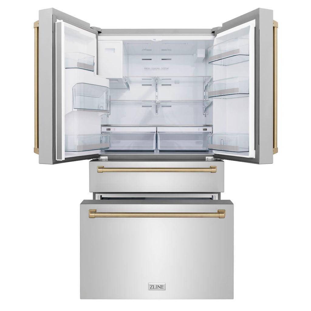 ZLINE 36 in. French Door Refrigerator 21.6 cu. ft. with Water & Ice Dispenser, Fingerprint Resistant Stainless Steel, Champagne Bronze Accents (RFMZ-W-36-CB)