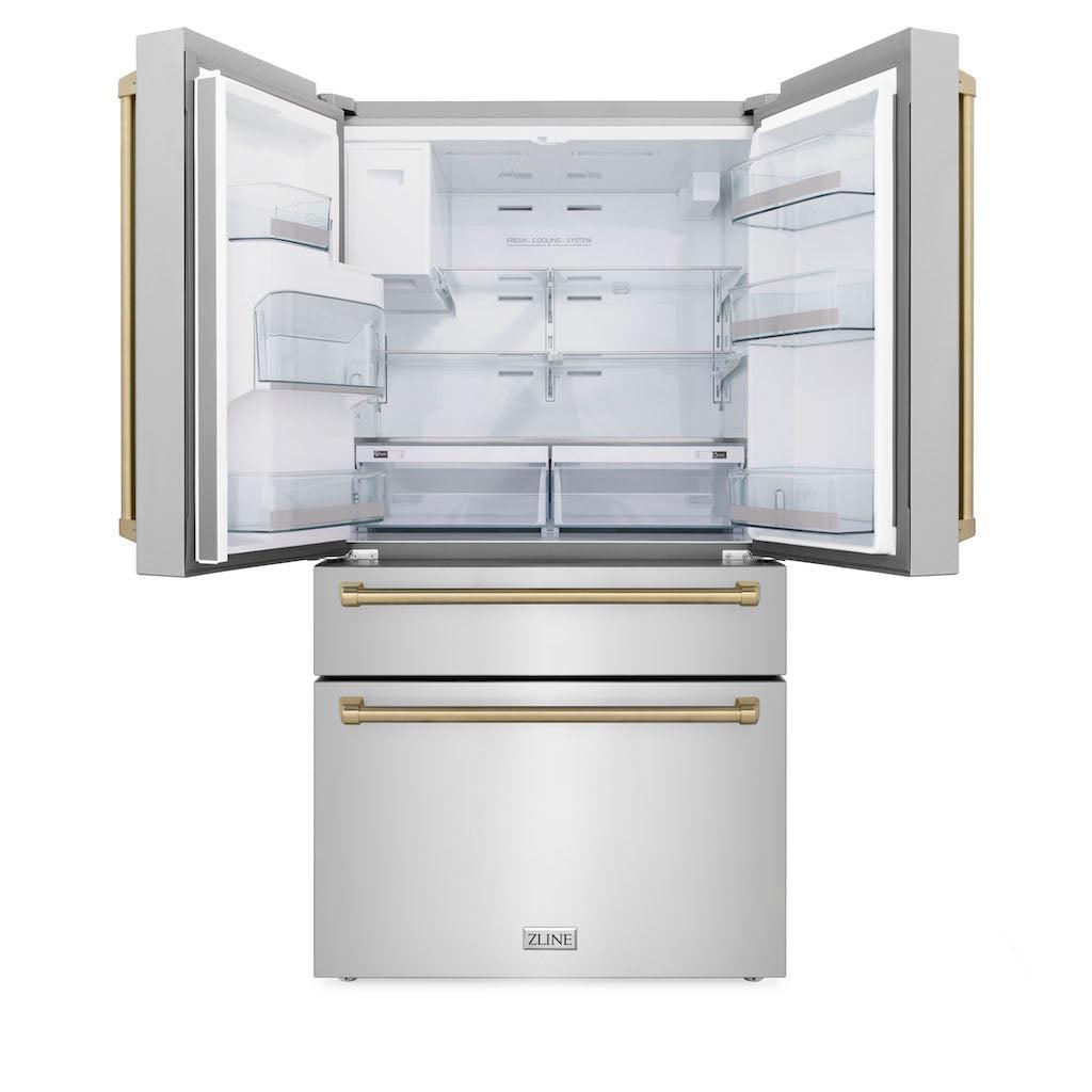 ZLINE 36 in. French Door Refrigerator 21.6 cu. ft. with Water & Ice Dispenser, Fingerprint Resistant Stainless Steel, Champagne Bronze Accents (RFMZ-W-36-CB)