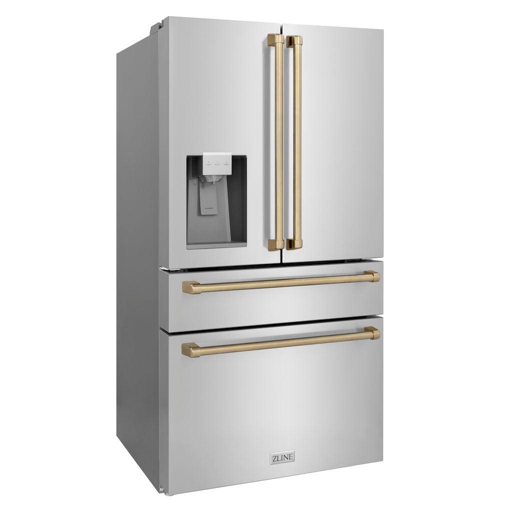 ZLINE 36 in. French Door Refrigerator 21.6 cu. ft. with Water & Ice Dispenser, Fingerprint Resistant Stainless Steel, Champagne Bronze Accents (RFMZ-W-36-CB)