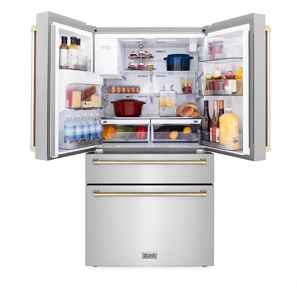 ZLINE 36 Inch French Door Refrigerator Fingerprint Resistant Stainless Steel Water & Ice Dispenser Gold Accents (RFMZ-W-36-G)