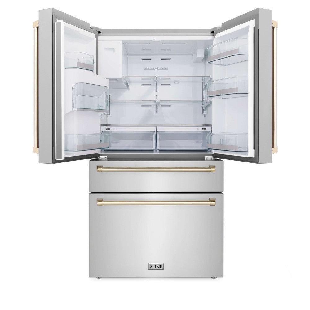 ZLINE 36 Inch French Door Refrigerator Fingerprint Resistant Stainless Steel Water & Ice Dispenser Gold Accents (RFMZ-W-36-G)