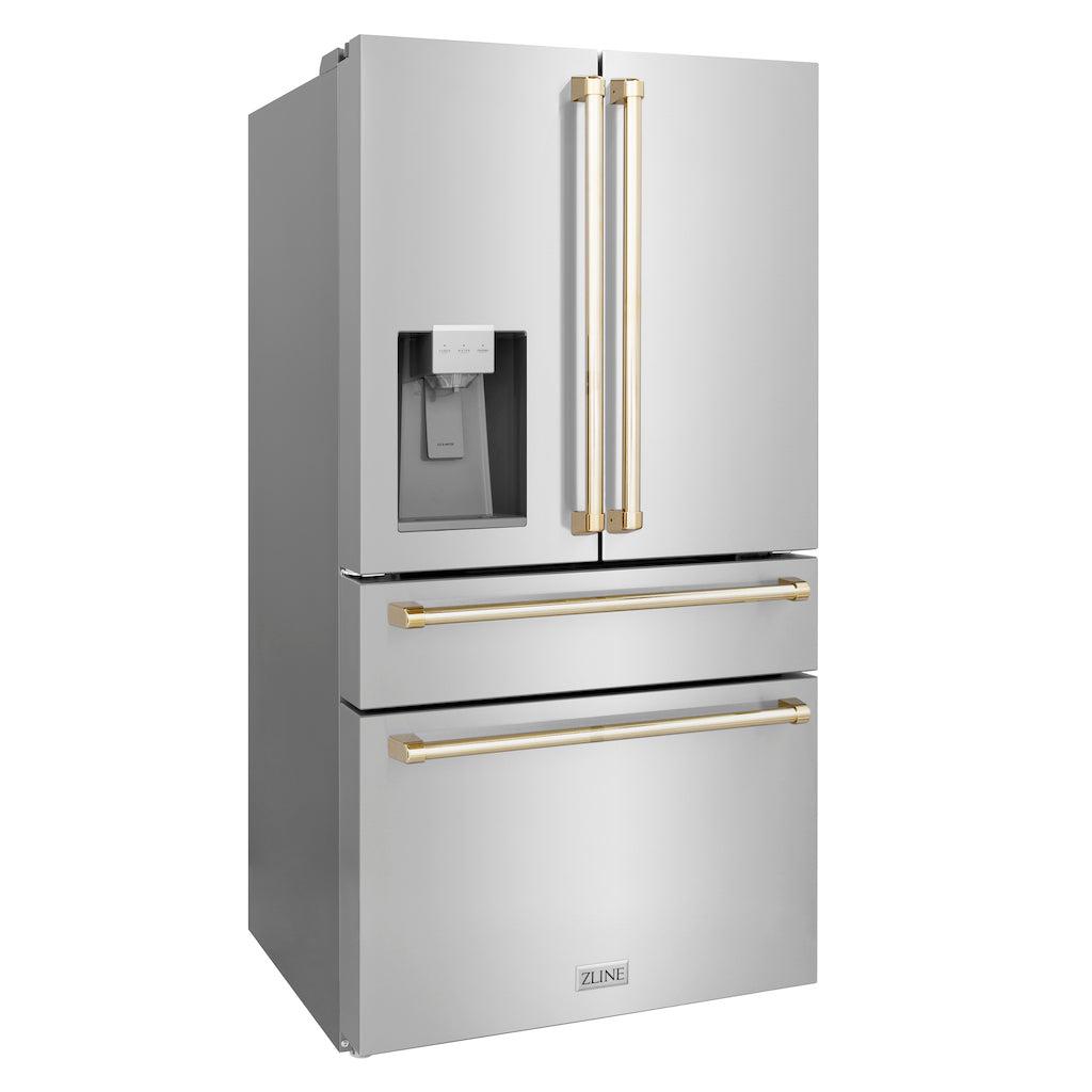 ZLINE 36 Inch French Door Refrigerator Fingerprint Resistant Stainless Steel Water & Ice Dispenser Gold Accents (RFMZ-W-36-G)