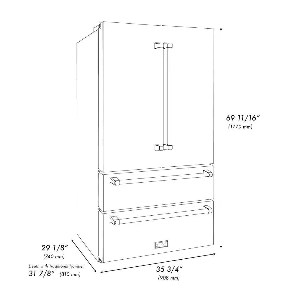 ZLINE 36 in. Refrigerator 22.5 cu. ft. Built-In French Door with Ice Maker Fingerprint Resistant Stainless Steel Matte Black Accents (RFMZ-36-MB)