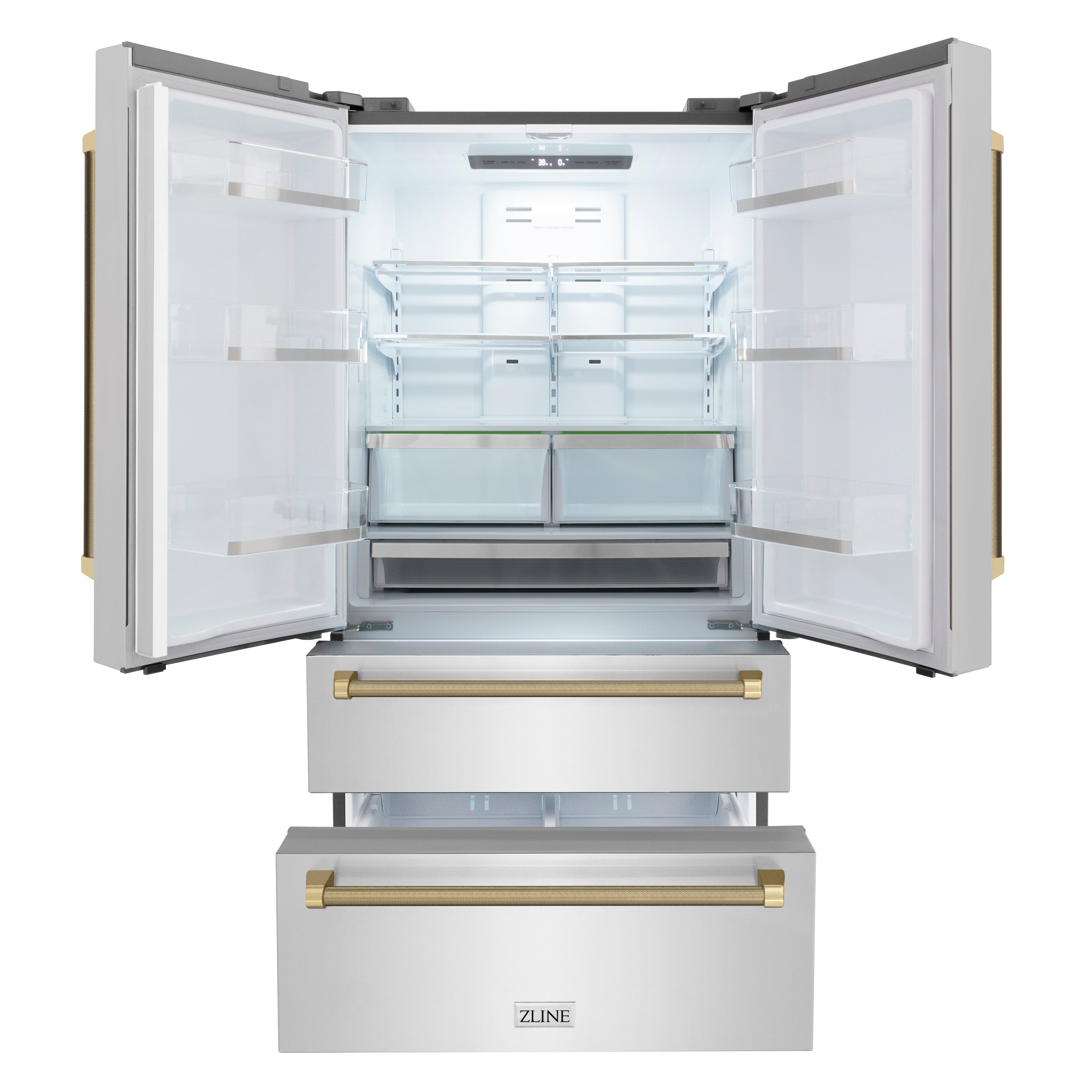 ZLINE 36 in. French Door Refrigerator 22.5 cu. ft. Counter-Depth Fingerprint-Resistant Stainless Steel Ice Maker Champagne Bronze Helix Handles (RFMZ-36-KCB)