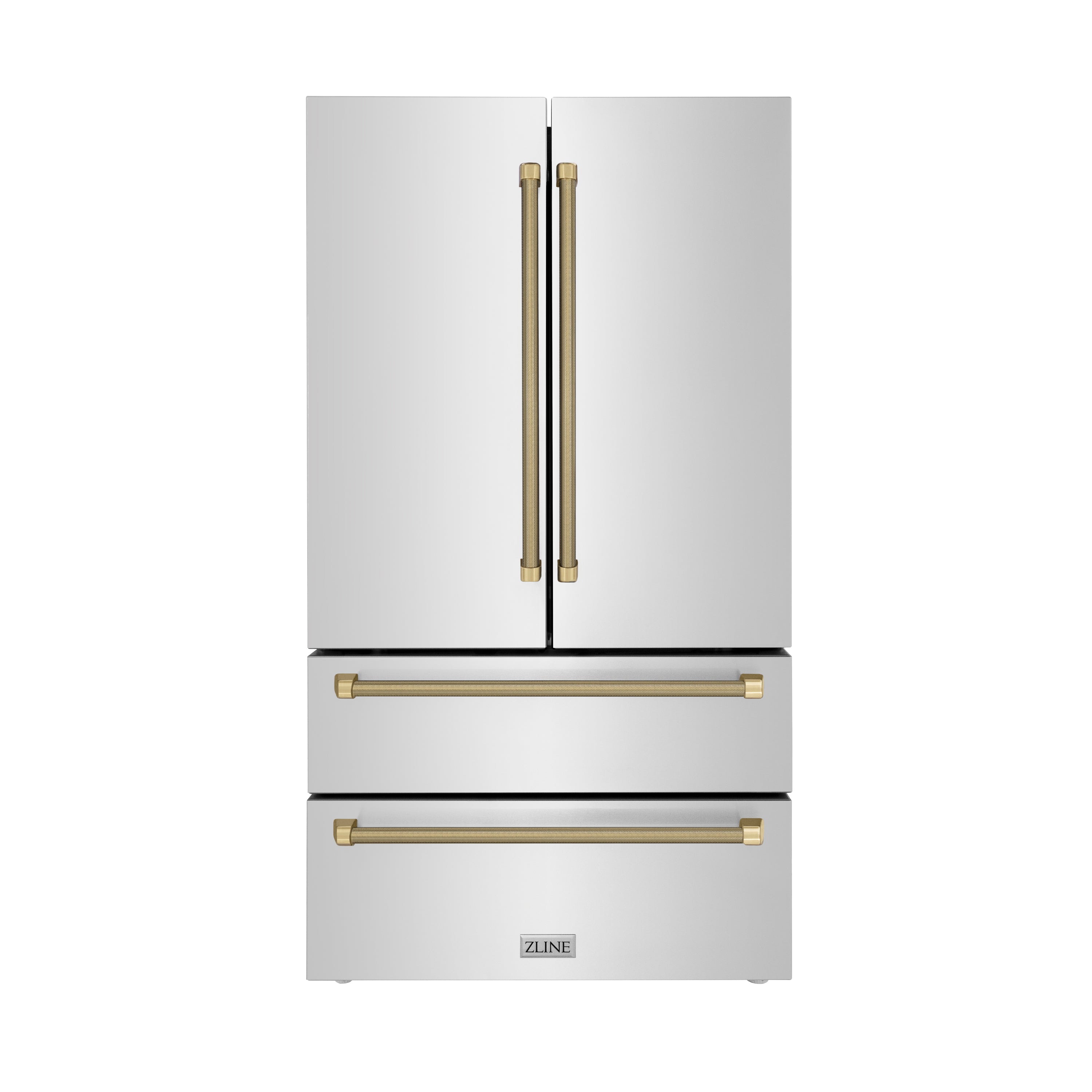 ZLINE 36 in. French Door Refrigerator 22.5 cu. ft. Counter-Depth Fingerprint-Resistant Stainless Steel Ice Maker Champagne Bronze Helix Handles (RFMZ-36-KCB)