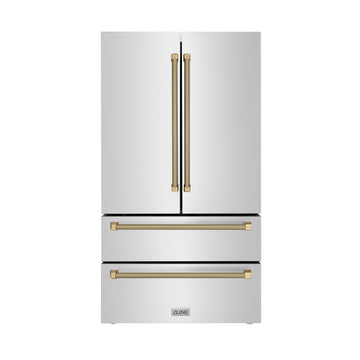 ZLINE 36 in. French Door Refrigerator 22.5 cu. ft. Counter-Depth Fingerprint-Resistant Stainless Steel Ice Maker Champagne Bronze Helix Handles (RFMZ-36-KCB)