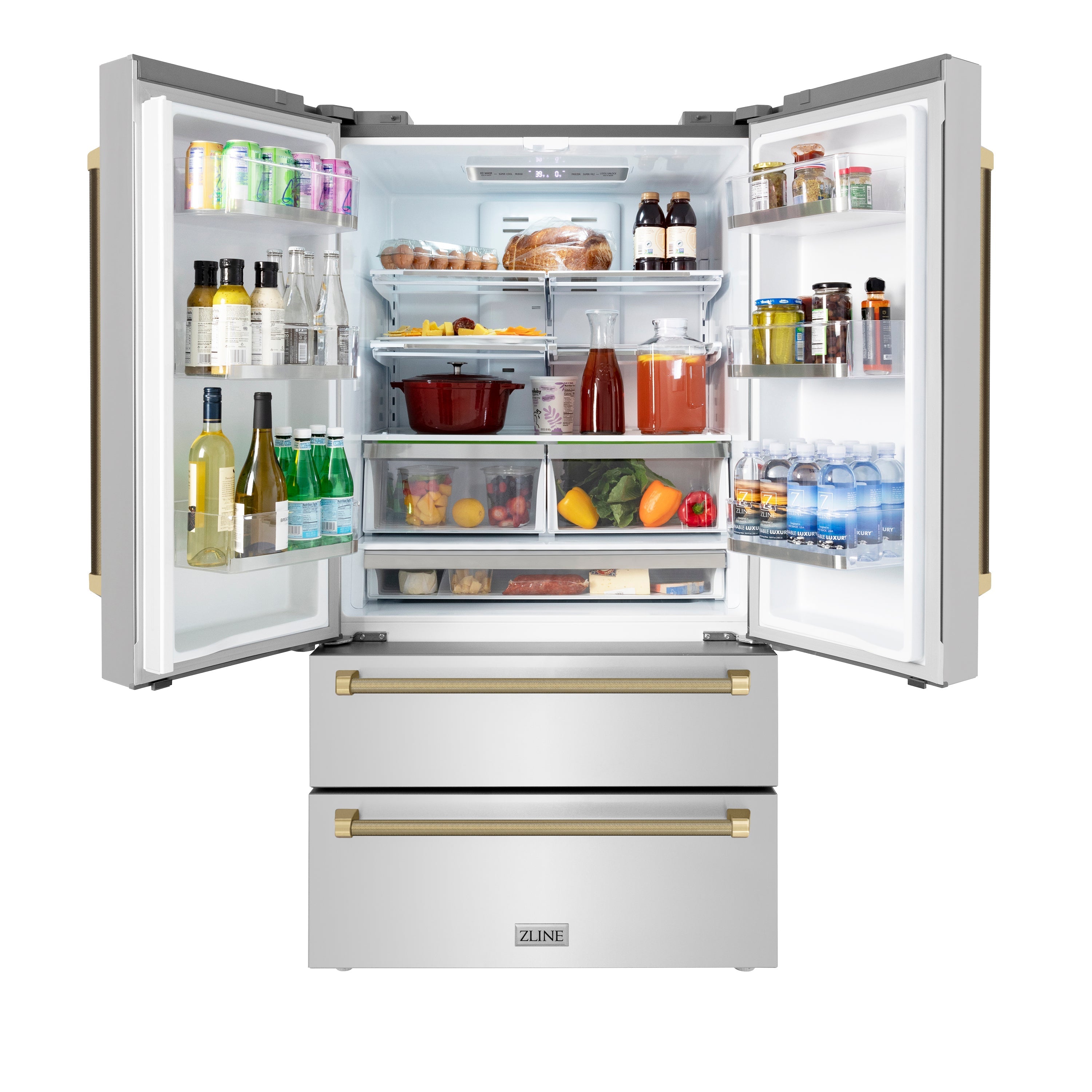 ZLINE 36 in. French Door Refrigerator 22.5 cu. ft. Counter-Depth Fingerprint-Resistant Stainless Steel Ice Maker Champagne Bronze Helix Handles (RFMZ-36-KCB)