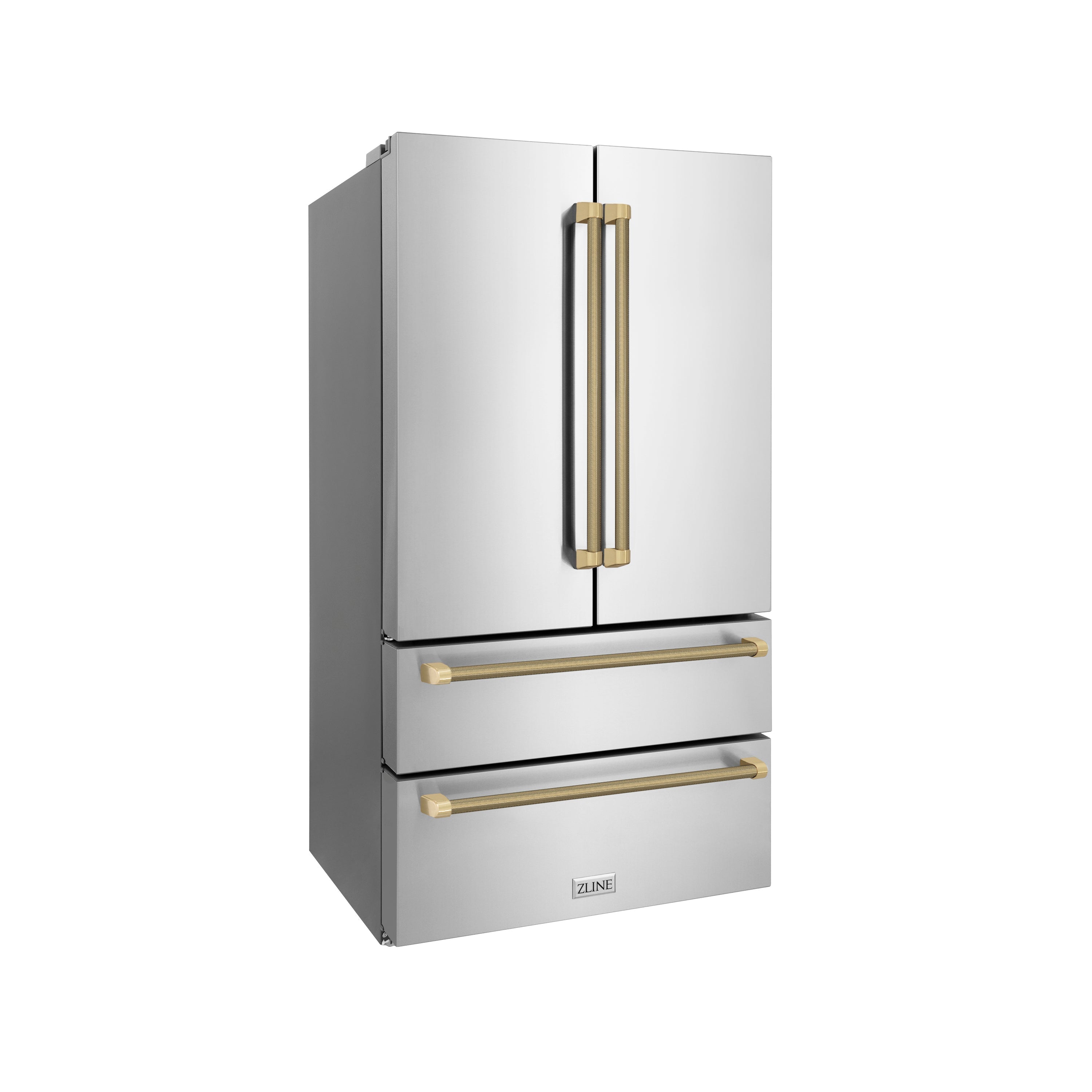 ZLINE 36 in. French Door Refrigerator 22.5 cu. ft. Counter-Depth Fingerprint-Resistant Stainless Steel Ice Maker Champagne Bronze Helix Handles (RFMZ-36-KCB)