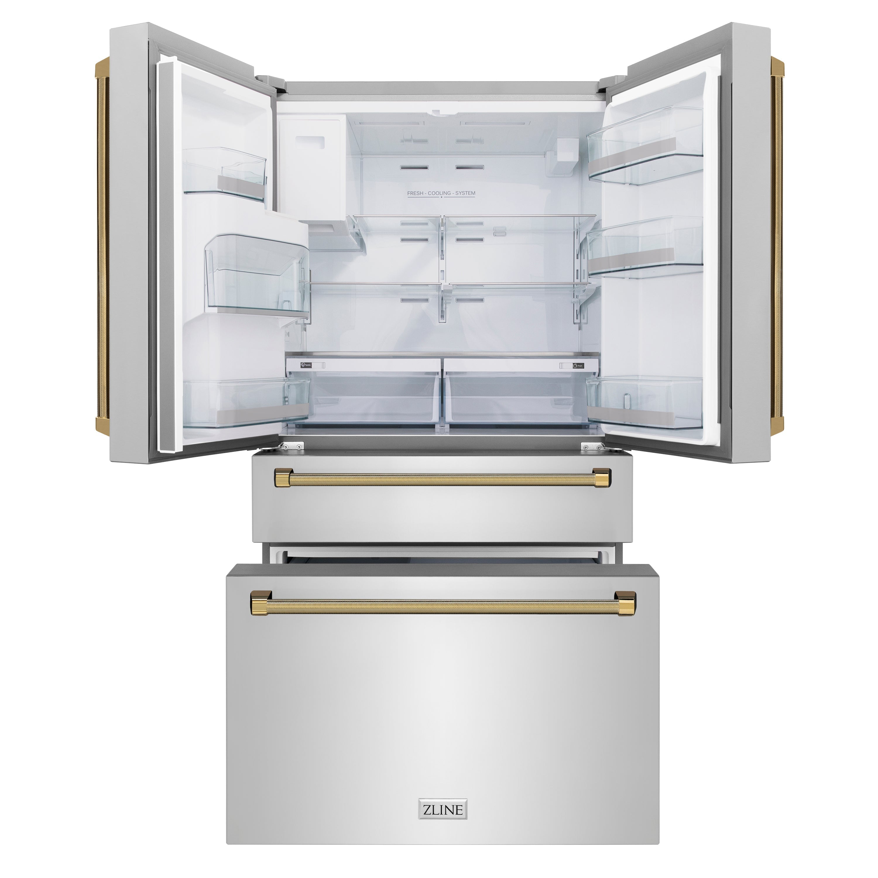 ZLINE 36 in. Counter-Depth French Door Refrigerator 22.5 Cu. Ft. Fingerprint-Resistant Stainless Steel with Ice Maker and Polished Gold Helix Handles (RFMZ-36-KG)