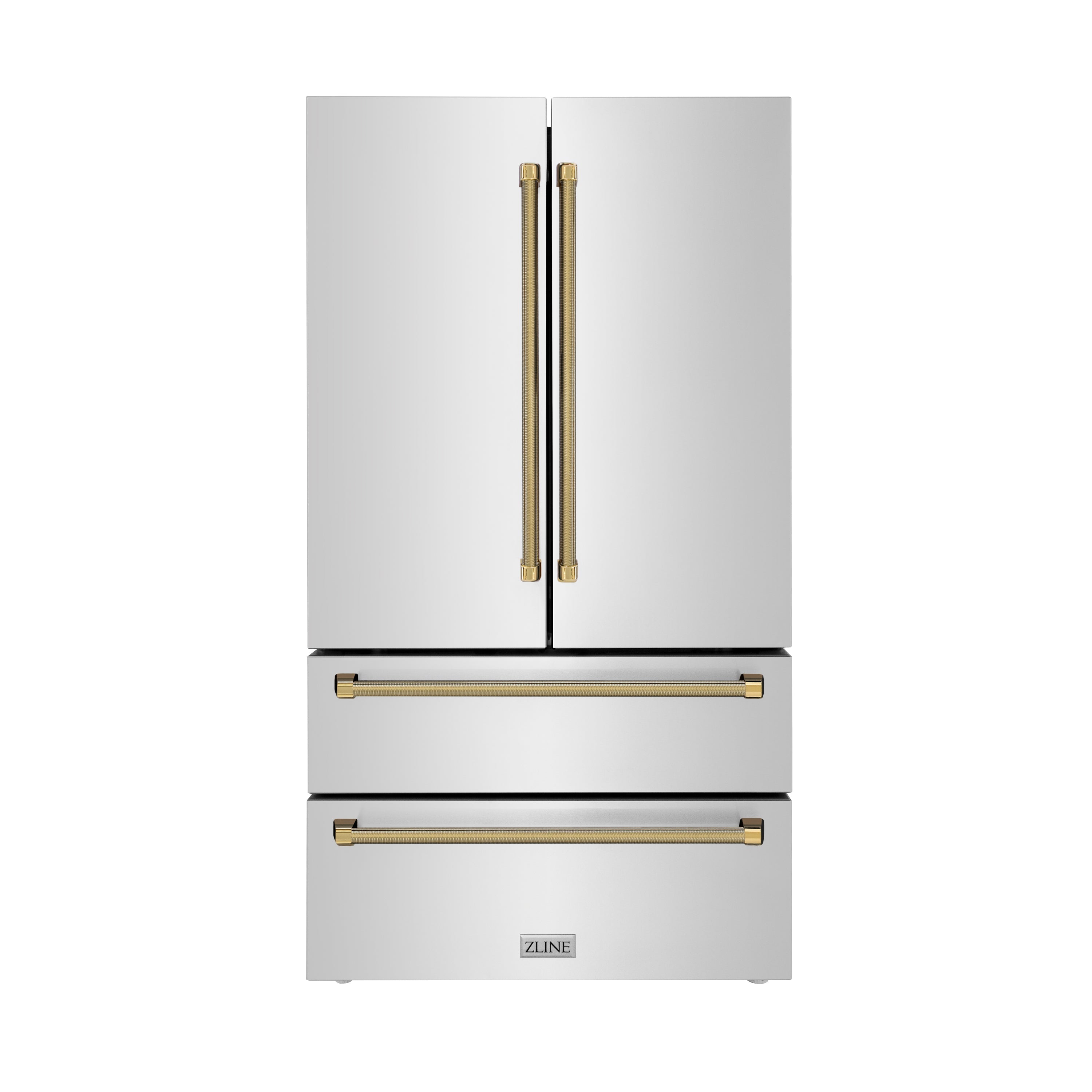 ZLINE 36 in. Counter-Depth French Door Refrigerator 22.5 Cu. Ft. Fingerprint-Resistant Stainless Steel with Ice Maker and Polished Gold Helix Handles (RFMZ-36-KG)