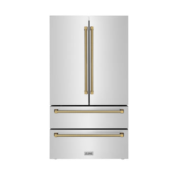 ZLINE 36 in. Counter-Depth French Door Refrigerator 22.5 Cu. Ft. Fingerprint-Resistant Stainless Steel with Ice Maker and Polished Gold Helix Handles (RFMZ-36-KG)