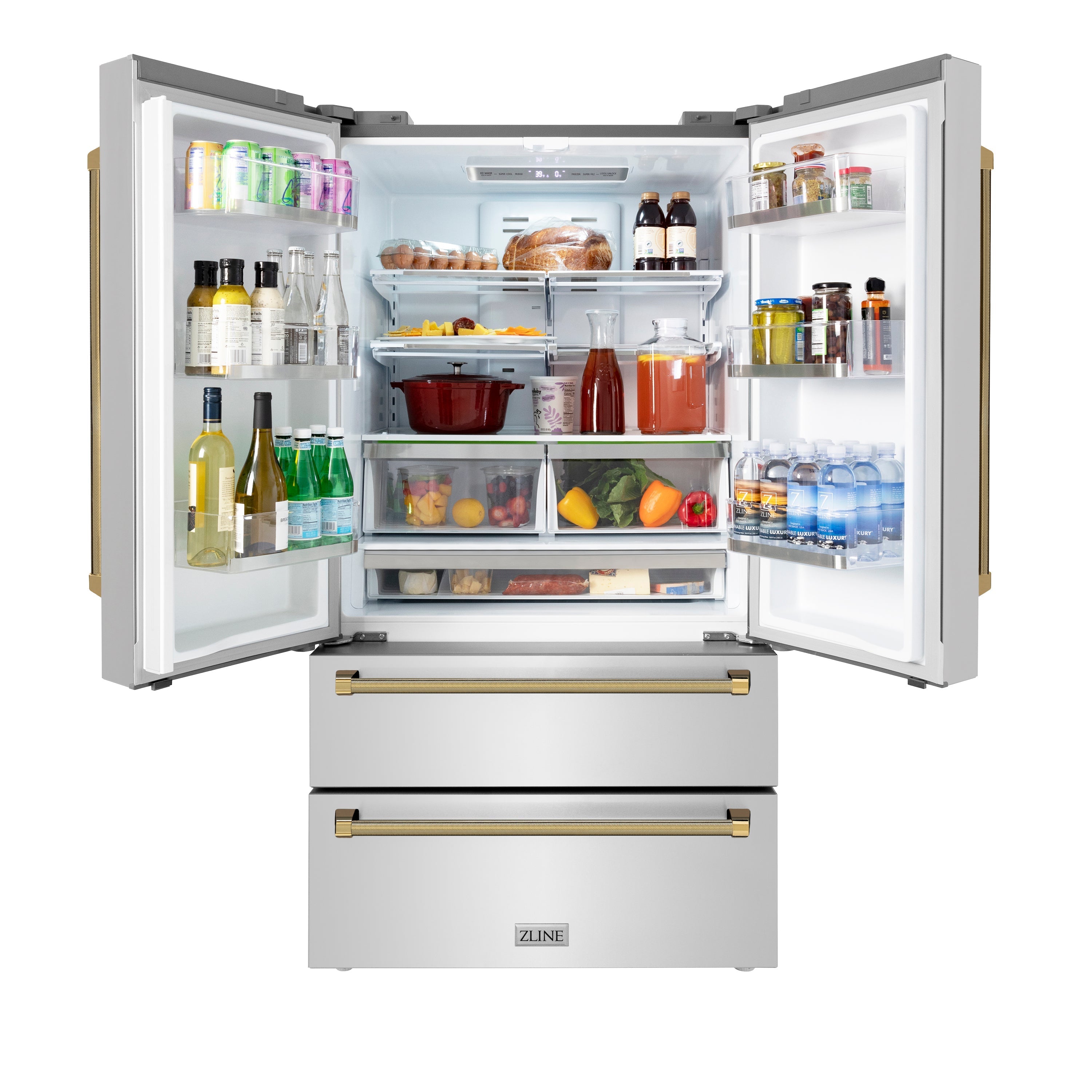 ZLINE 36 in. Counter-Depth French Door Refrigerator 22.5 Cu. Ft. Fingerprint-Resistant Stainless Steel with Ice Maker and Polished Gold Helix Handles (RFMZ-36-KG)