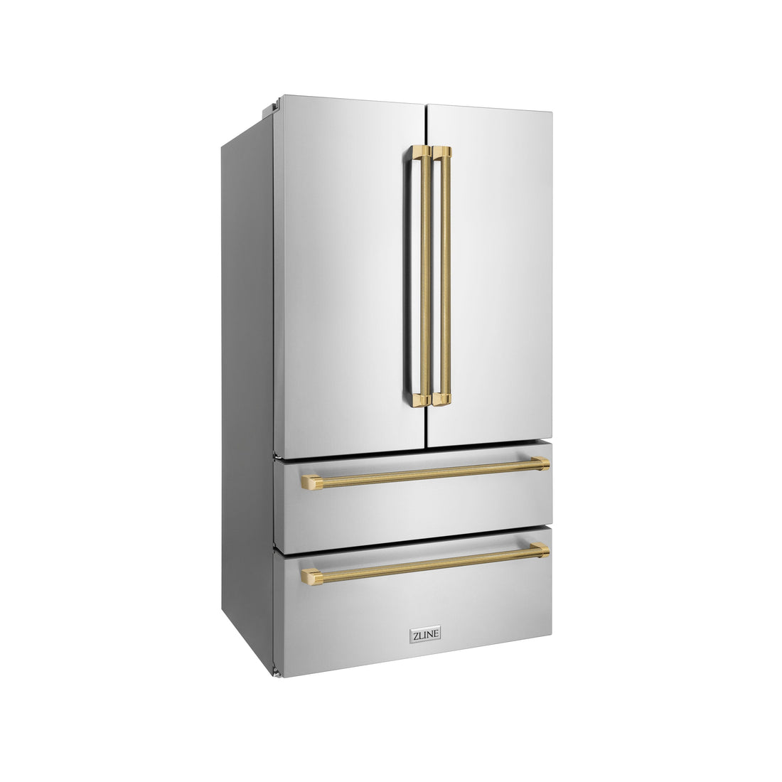 ZLINE 36 in. Counter-Depth French Door Refrigerator 22.5 Cu. Ft. Fingerprint-Resistant Stainless Steel with Ice Maker and Polished Gold Helix Handles (RFMZ-36-KG)