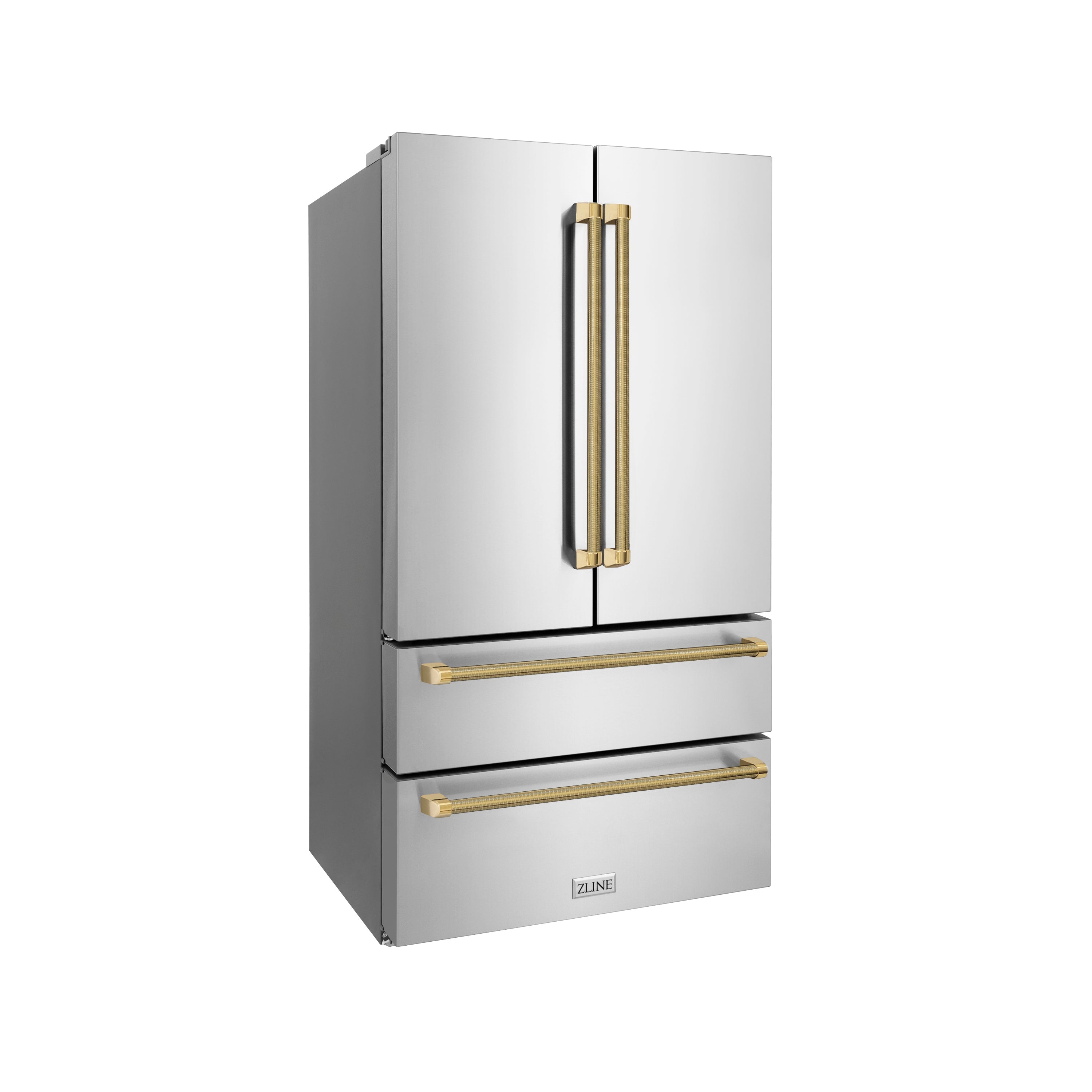 ZLINE 36 in. Counter-Depth French Door Refrigerator 22.5 Cu. Ft. Fingerprint-Resistant Stainless Steel with Ice Maker and Polished Gold Helix Handles (RFMZ-36-KG)