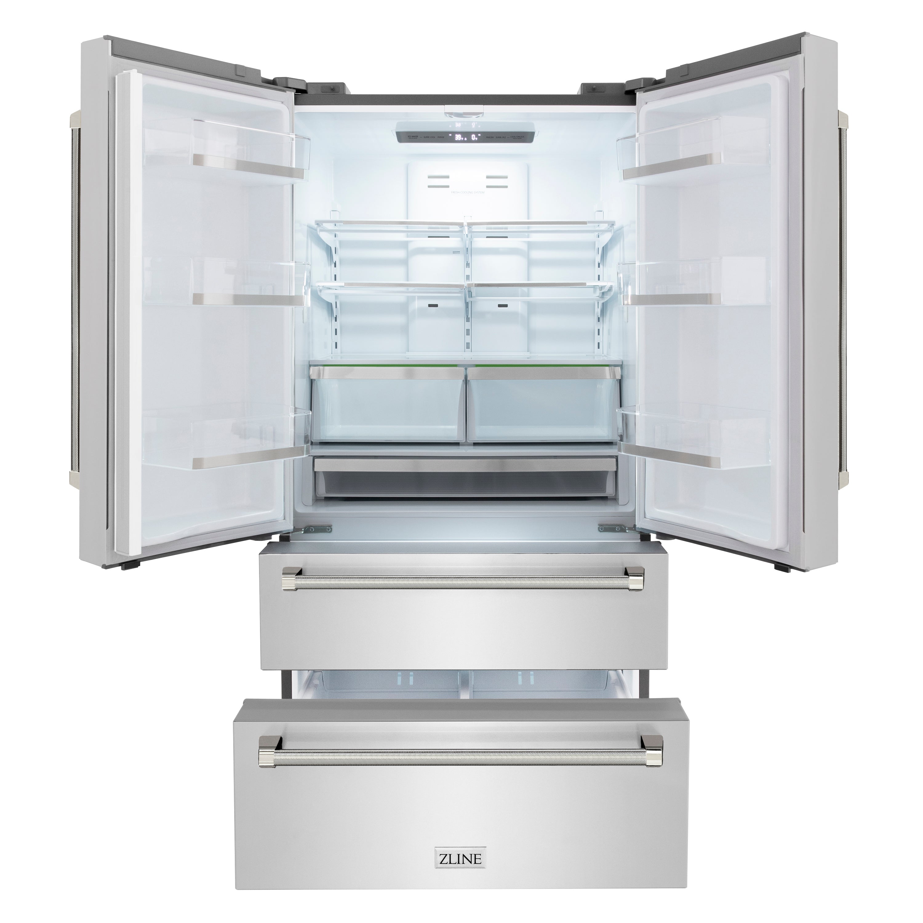 ZLINE 36 in. Counter-Depth French Door Refrigerator 22.5 cu. ft. Fingerprint-Resistant Stainless Steel, Ice Maker, Polished Nickel Helix Handles (RFMZ-36-KPN)