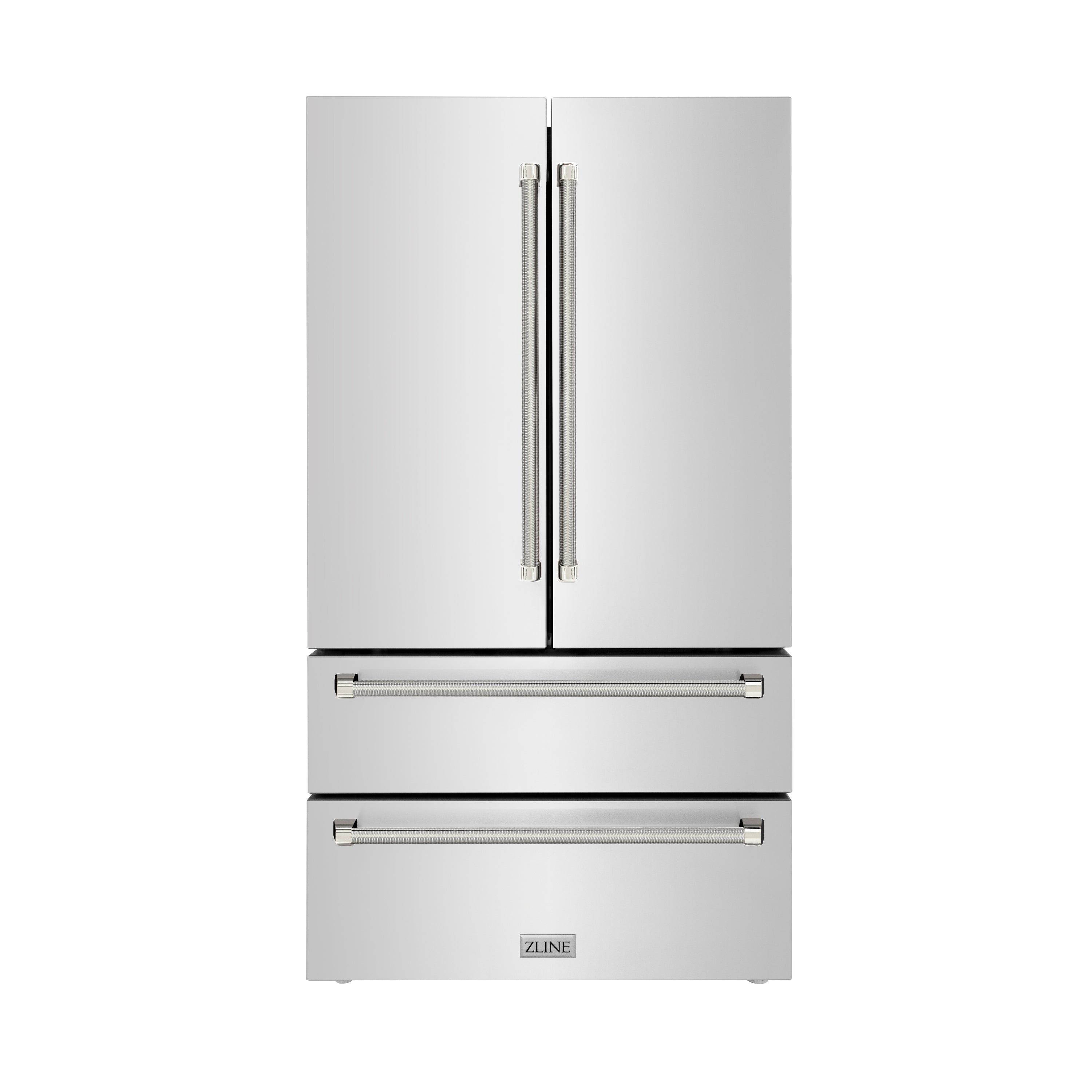ZLINE 36 in. Counter-Depth French Door Refrigerator 22.5 cu. ft. Fingerprint-Resistant Stainless Steel, Ice Maker, Polished Nickel Helix Handles (RFMZ-36-KPN)