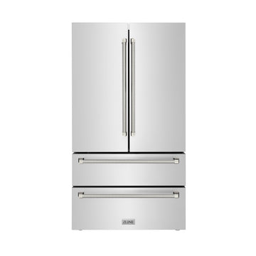 ZLINE 36 in. Counter-Depth French Door Refrigerator 22.5 cu. ft. Fingerprint-Resistant Stainless Steel, Ice Maker, Polished Nickel Helix Handles (RFMZ-36-KPN)