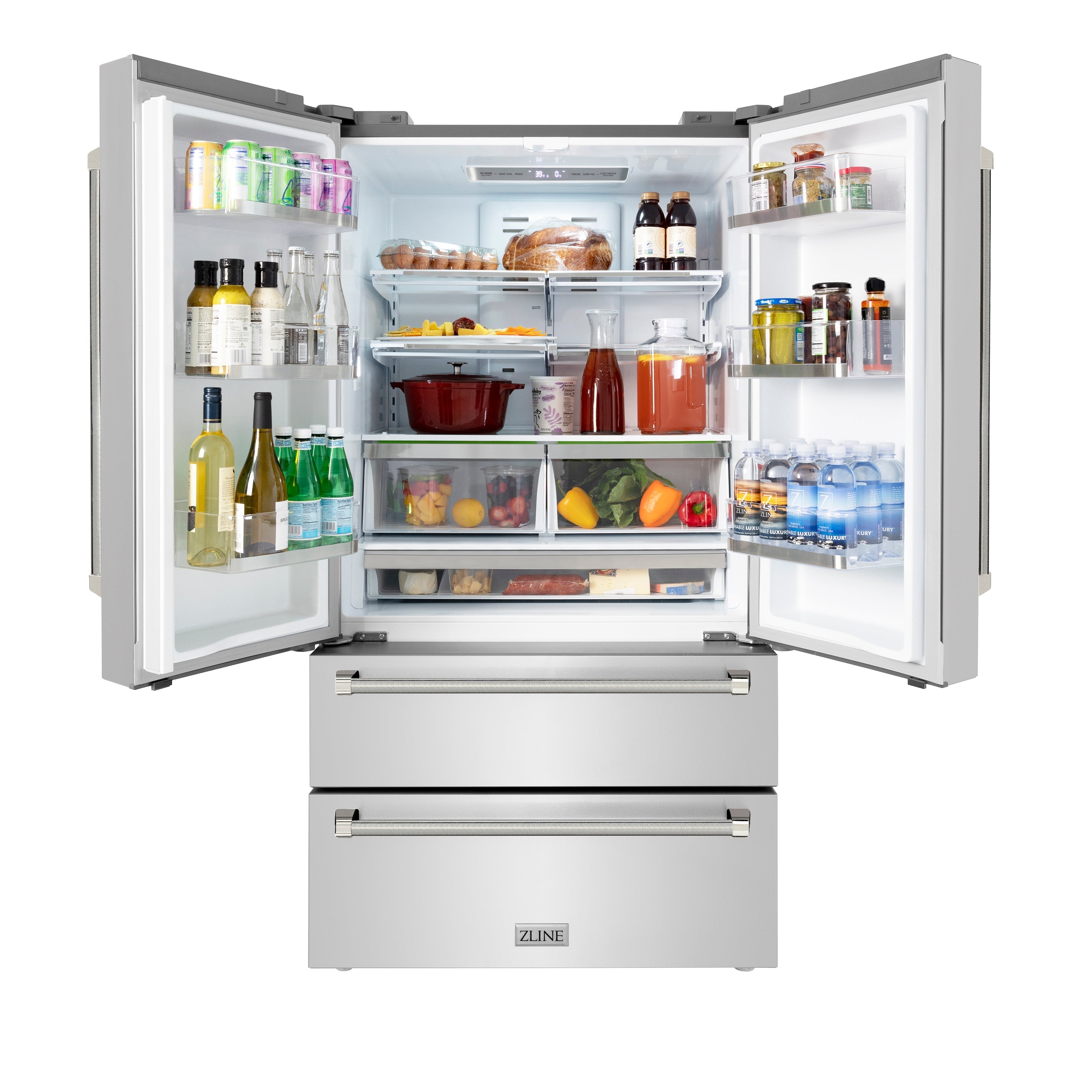 ZLINE 36 in. Counter-Depth French Door Refrigerator 22.5 cu. ft. Fingerprint-Resistant Stainless Steel, Ice Maker, Polished Nickel Helix Handles (RFMZ-36-KPN)