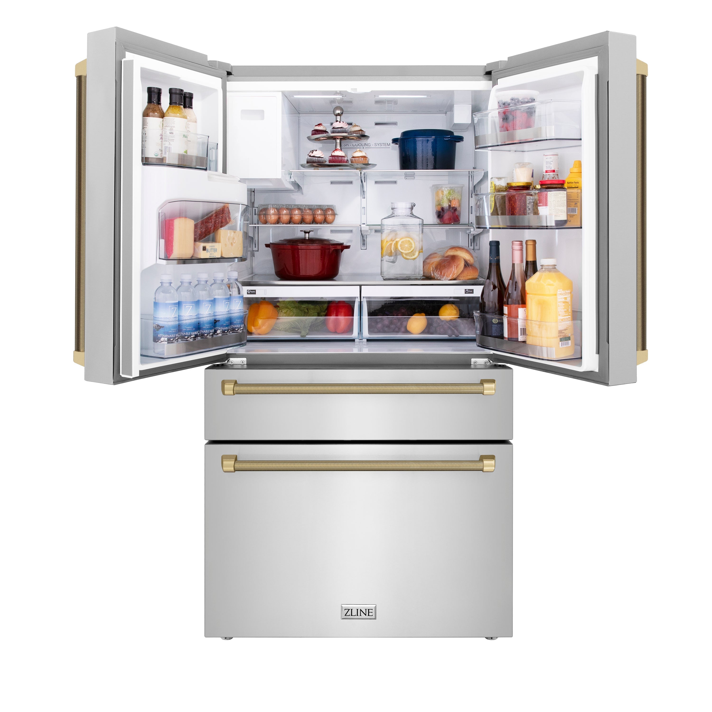 ZLINE 36 in. Counter-Depth French Door Refrigerator 21.6 cu. ft. Water and Ice Dispenser Fingerprint-Resistant Stainless Steel Champagne Bronze Helix Handles (RFMZ-W-36-KCB)